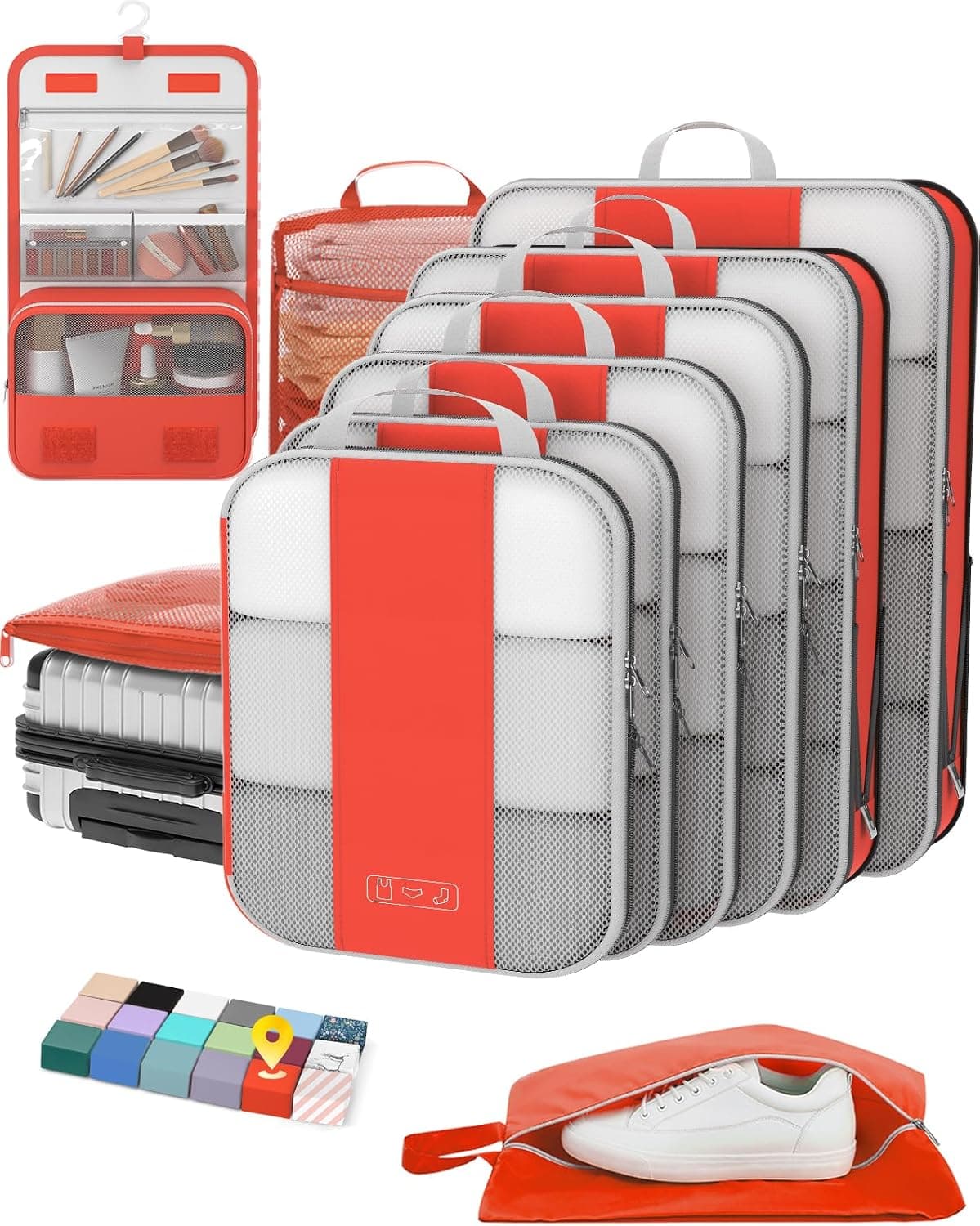 OlarHike - Juego de 10 cubos de compresión para artículos esenciales de viaje, bolsas comprimibles y expandibles para ahorrar espacio para organizar ropa, maletas de equipaje, bolsas de ropa con más de 1000 agujeros de malla (naranja)