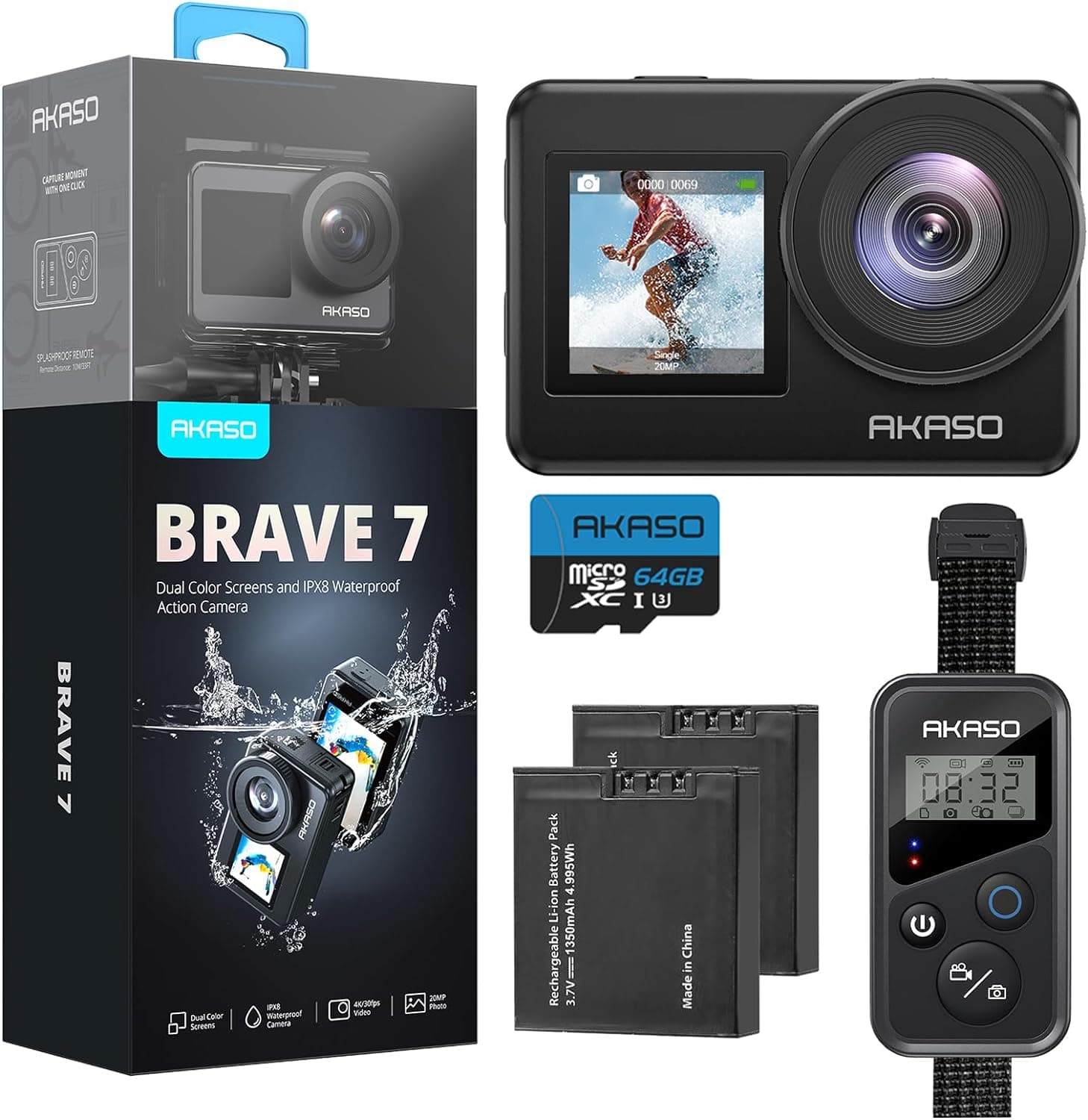 AKASO Brave 7 Cámara de acción 4K30FPS 20MP con tarjeta de memoria MicroSDXC U3 de 64GB, cámara impermeable con pantalla táctil IPX8 33FT EIS 2.0 Zoom Soporte Micrófono externo Control de voz con 2 baterías de 1350mAh