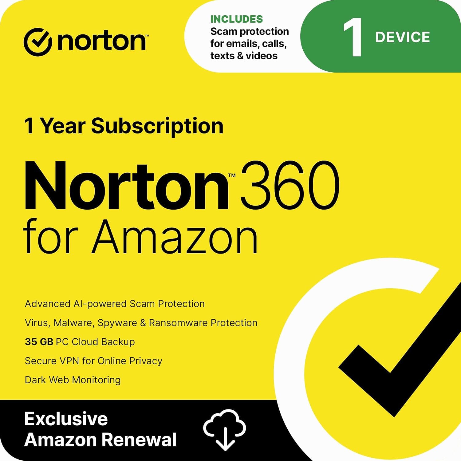 Norton 360 para Amazon, software antivirus para 1 dispositivo con renovación automática: incluye Scam Protection Pro, VPN y Dark Web Monitoring [Suscripción]