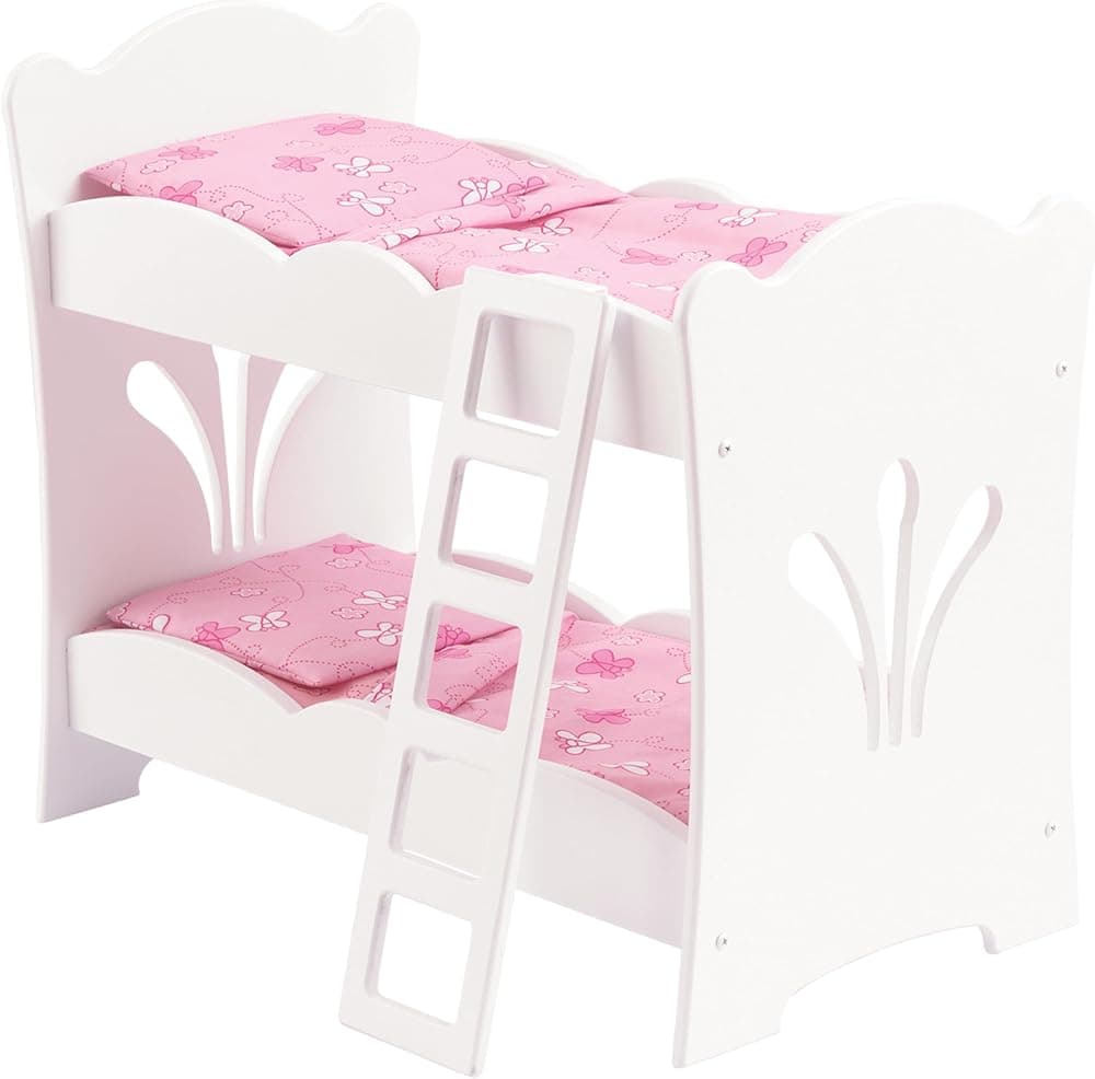 KidKraft Litera de madera KidKraft Lil' Doll con juego de cama de mariposa rosa, muebles para muñecas de 18 pulgadas - Blanco, regalo para mayores de 3 años