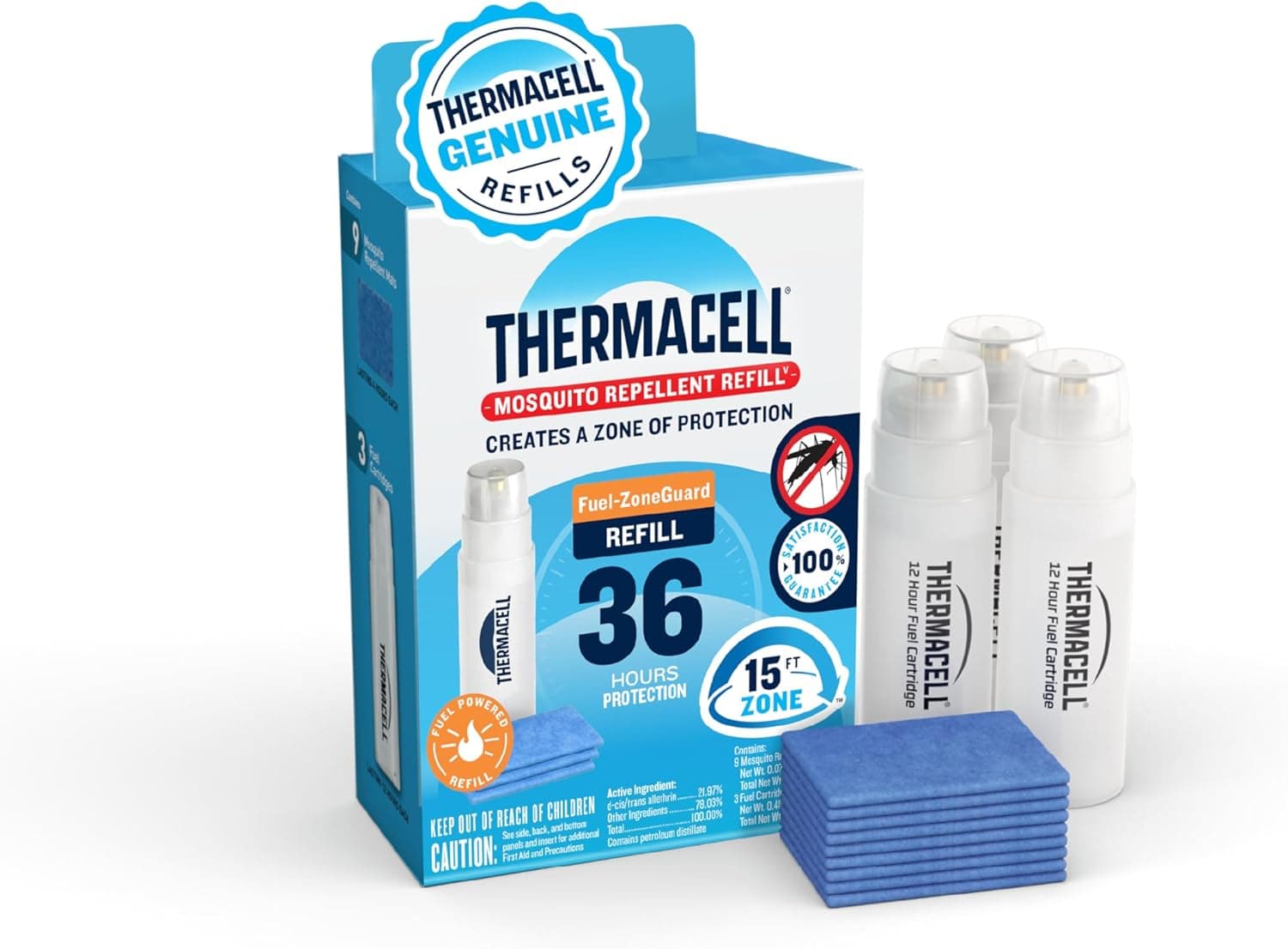 Recambios de repelente de mosquitos Thermacell Fuel-ZoneGuard Fuel Powered, 36 horas | Zona de 15 pies; 3 veces combustible, 9 veces alfombrillas; Protección probada al aire libre; Escudo para patio; Alternativa de repelente de insectos; Sin olor; Sin DEET