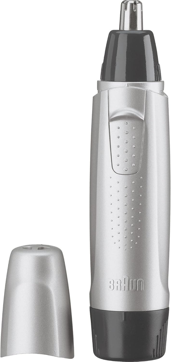 Braun Cortapelos para Orejas y Nariz para Hombres y Mujeres, Peluquería eléctrica con Pilas, Negro/Plata, Pilas AA Incluidas
