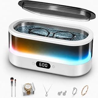 Limpiador ultrasónico de joyas, máquina limpiadora ultrasónica de 48 kHz para joyas, anteojos, anillos, dentaduras postizas, correas de reloj, luz LED que fluye de 7 colores, acero inoxidable 304, temporizador digital, modos de limpieza duales