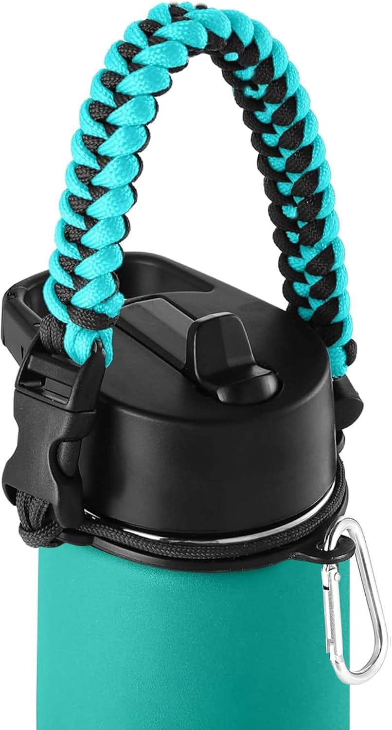 Mango de paracord IRON °FLASK - Se adapta a botellas de agua de boca ancha - Portador duradero, accesorios seguros, cordón de correa de supervivencia, anillo de seguridad y mosquetón - Pulsera de paracord de siete núcleos