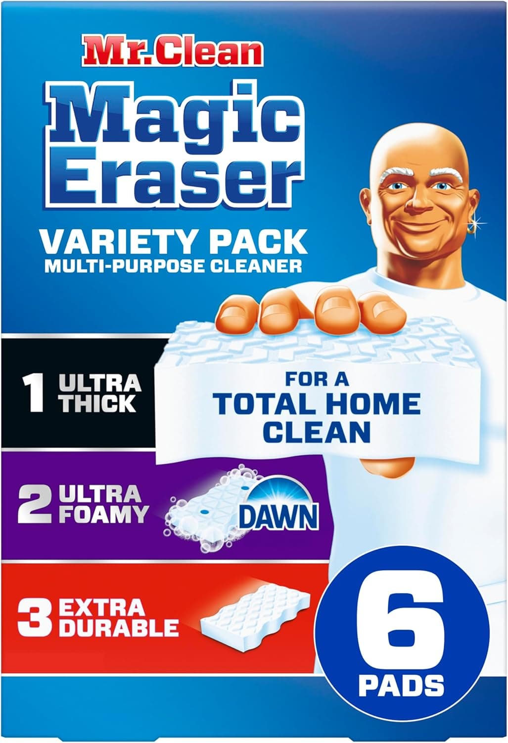 Mr. Clean Magic Eraser Esponja, limpiador multiusos, estropajo de limpieza, cocina, baño, ducha, horno, suministros de limpieza, paquete variado con 1 ultra grueso, 2 ultra espumoso y 3 extra duraderos, 6 unidades