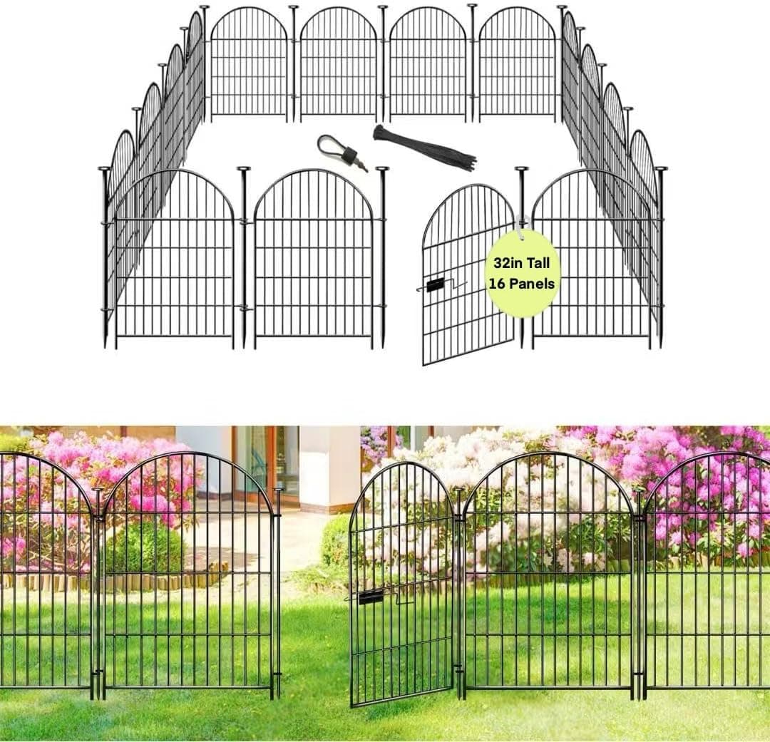 ADAVIN Valla de jardín para animales con puerta de 32 pulgadas de alto x 35 pies de largo, 16 paneles, borde alto de alambre de metal inoxidable para perros conejos, vallas para mascotas al aire libre sin excavación, borde de flores negras para patio, arqueado