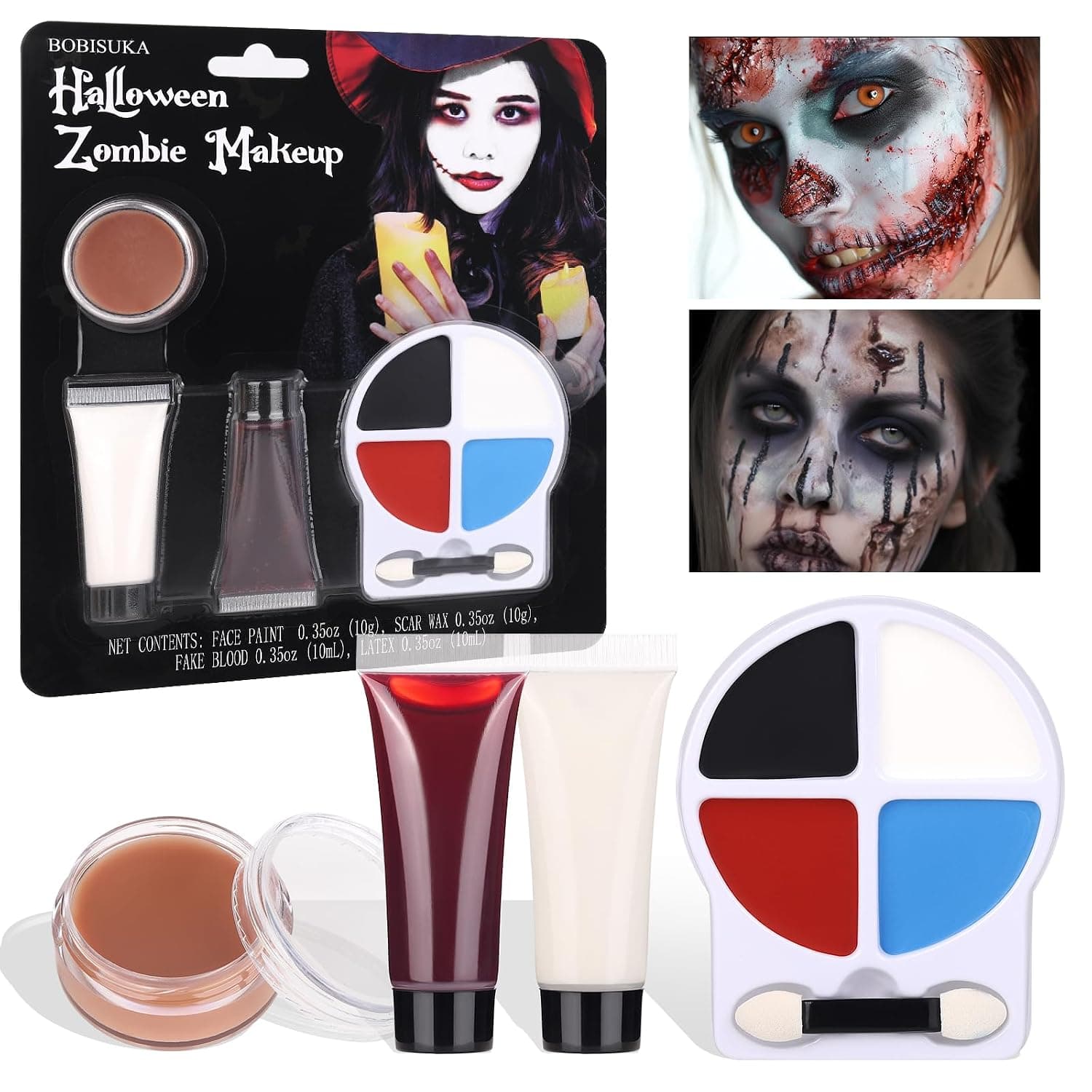 BOBISUKA Kit de maquillaje zombie para Halloween con 4 colores de pintura y aplicador para el rostro y el cuerpo, sangre falsa, látex líquido y cera para cicatrices SFX Set de maquillaje para vampiros, heridas, payasos, cosplay, maquillaje con efectos especiales