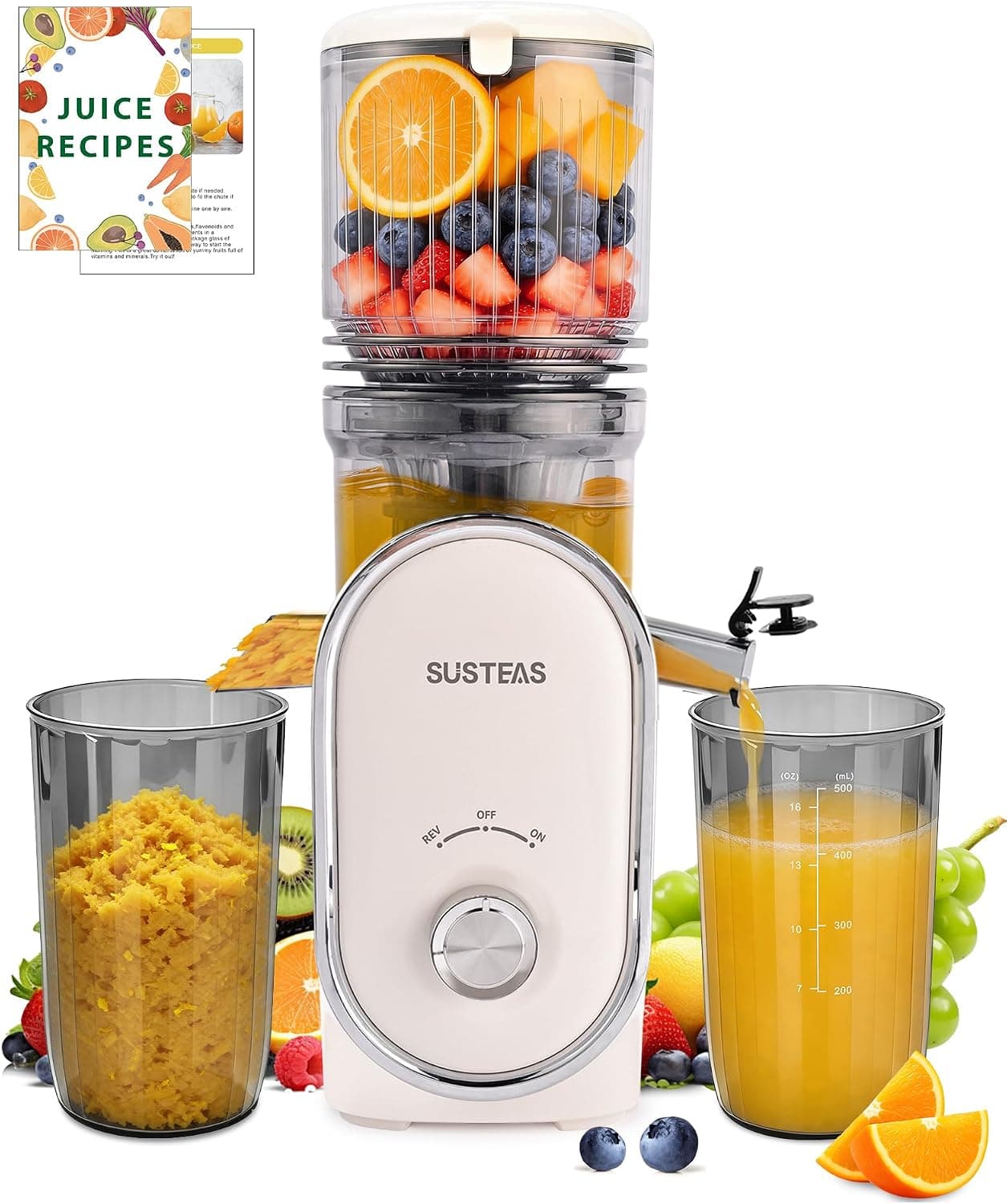 SUSTEAS Exprimidor de prensa en frío con conducto de alimentación extra grande de 5.3 pulgadas, fácil de limpiar | Máquinas exprimidoras para frutas enteras y verduras, alto rendimiento de jugo, extractor de jugo de capacidad de 50 oz, exprimidor de frutas, porcelana blanca