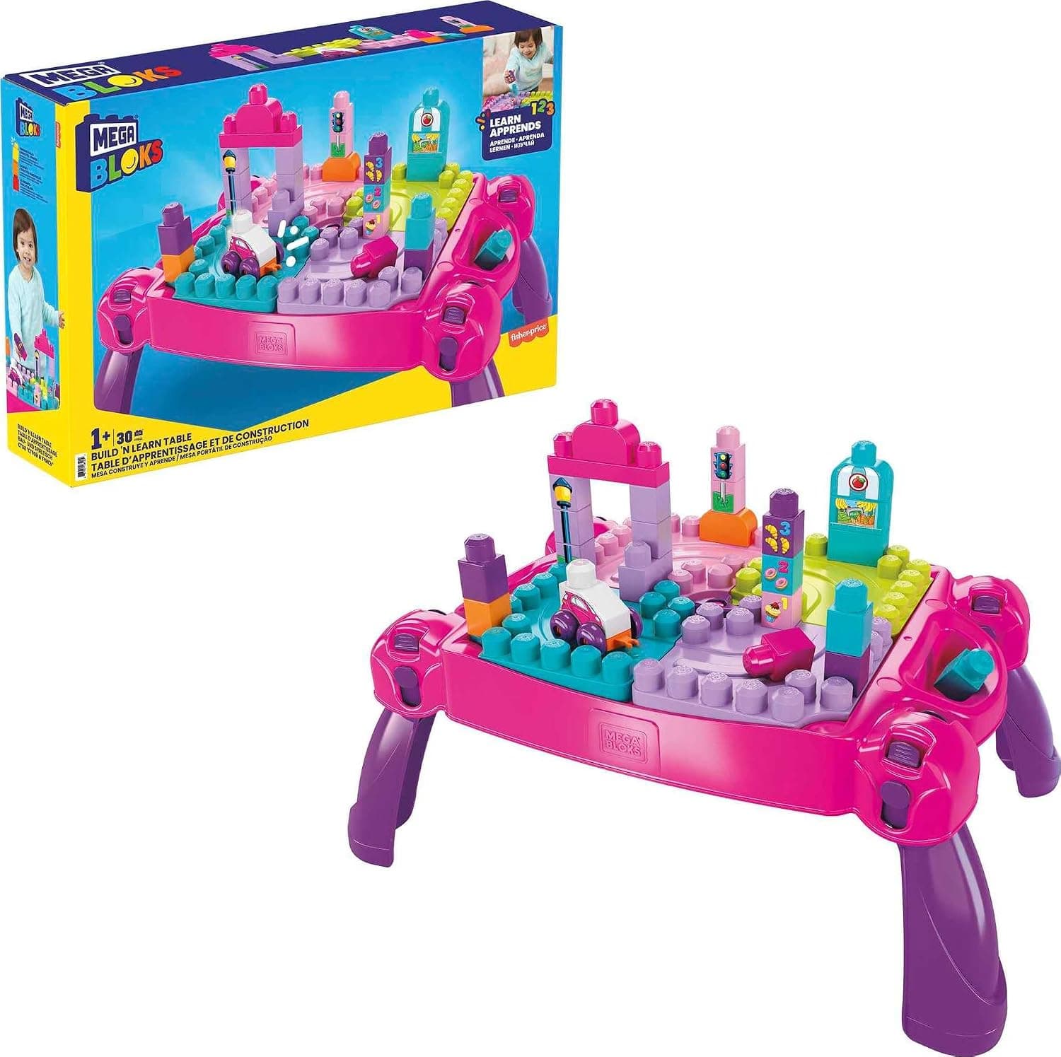 MEGA BLOKS First Builders Build 'n Learn Table Juego de bloques para niños pequeños, rosa