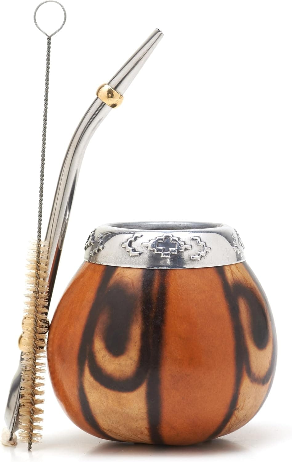 BALIBETOV Juego de Calabaza de Yerba Mate - Taza de Yerba Mate Original Natural Hecha a Mano de Argentina, Incluye Taza de Té Mate, Bombilla (Pajita de Mate) y Cepillo de Limpieza, Set de Regalo de Taza de Mate Tradicional