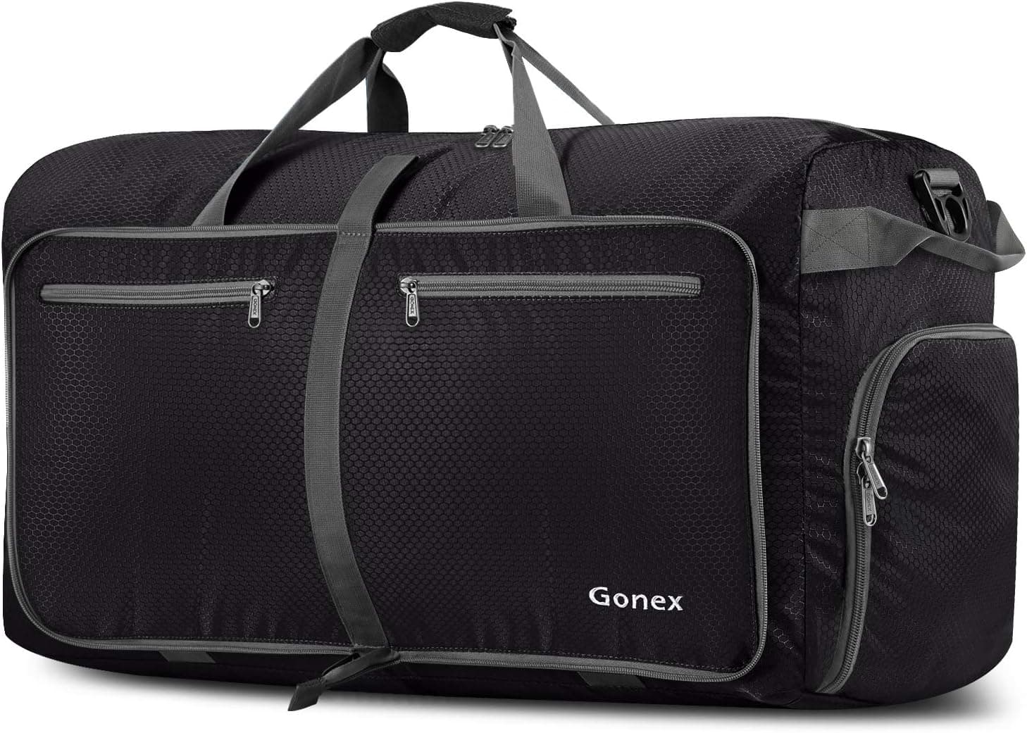 Gonex Bolsa de viaje plegable de 60 litros con compartimento para zapatos, ligera | Nailon 210D, repelente al agua, pliegues compactos, múltiples bolsillos, funda para equipaje, viajes de fin de semana y acampadas, negro