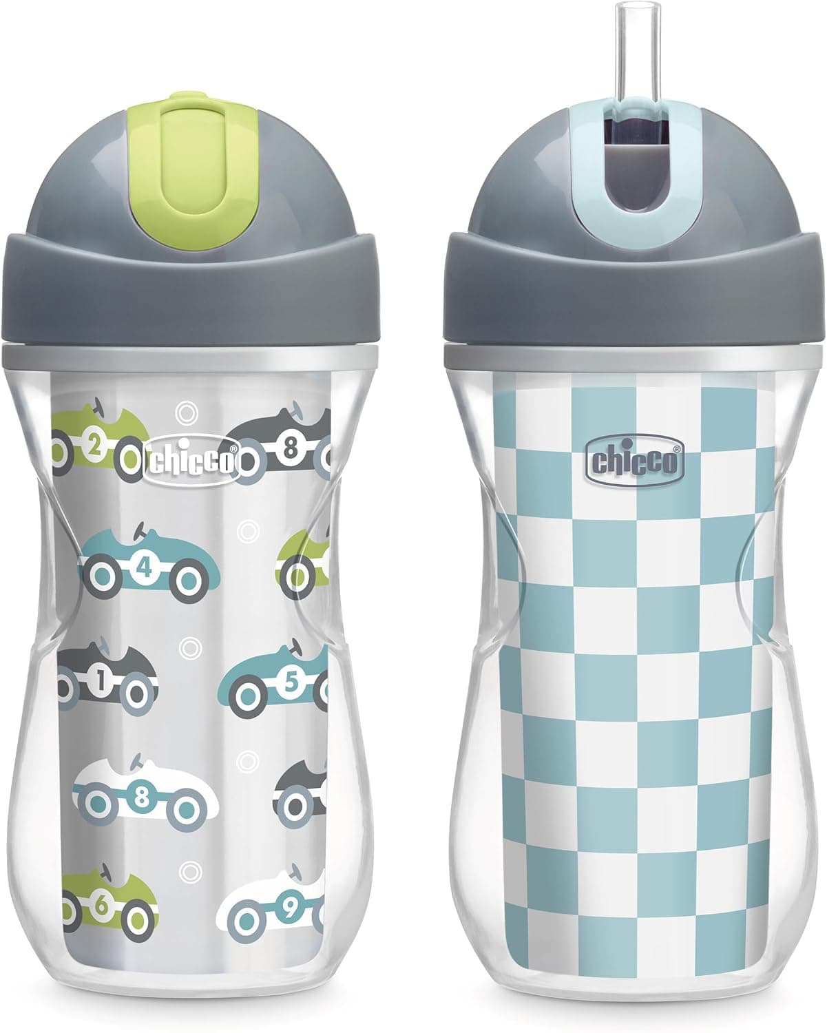 Chicco Insulated Straw Sippy Cup 12+ Months, 9oz Toddler Training Cup with Spill-Free Flip-Top Lid, BPA-Free 2-Pack, Cars/Checkers