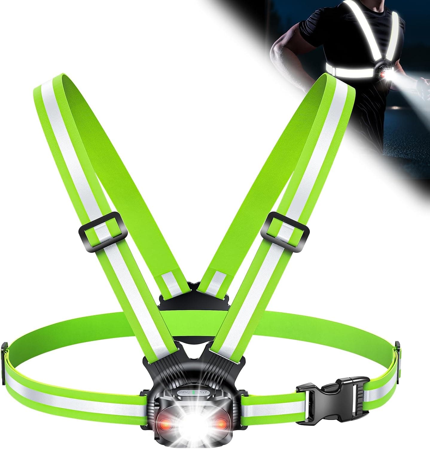 Luces para correr para corredores, luz para correr de 500 lúmenes con inclinación ajustable de 45°, chaleco reflectante de 360° y equipo de iluminación recargable impermeable IPX4 para caminar de noche/ciclismo/trotar/senderismo