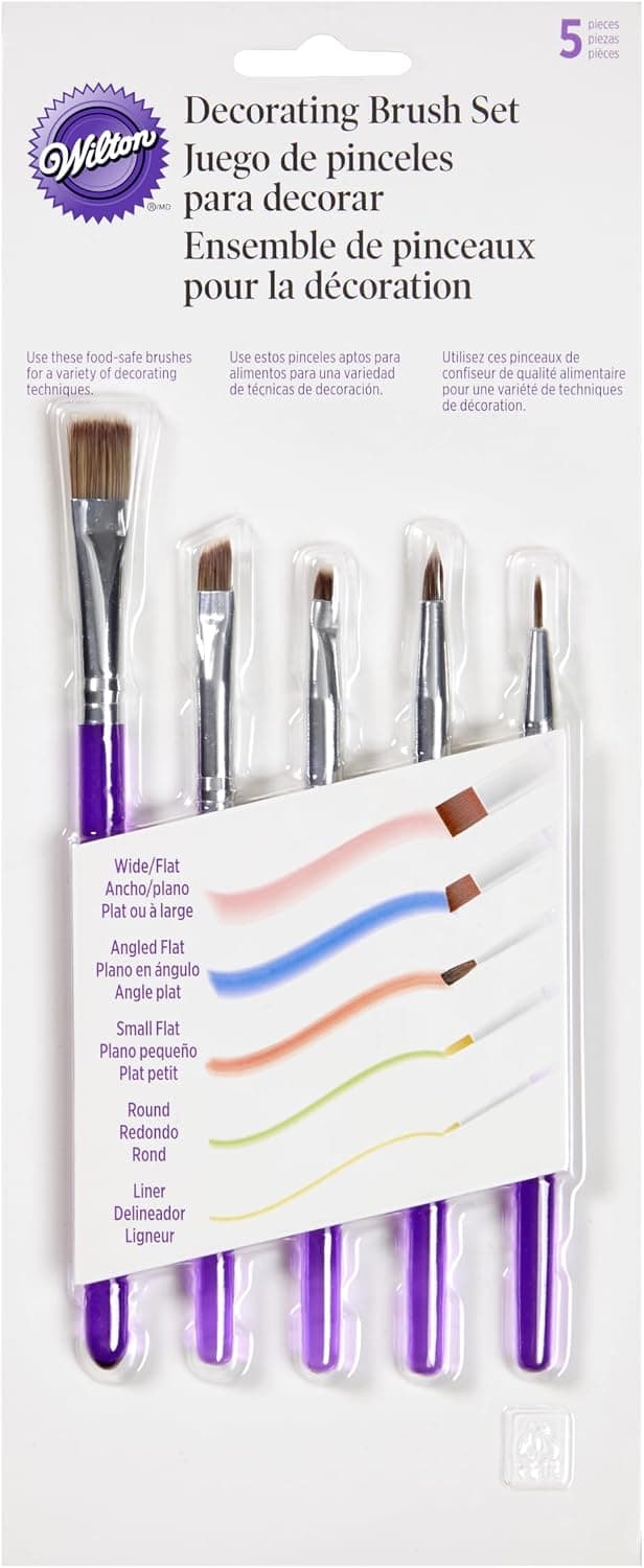 Juego de 5 brochas decorativas de Wilton, cerdas sintéticas | Brochas de cerdas sintéticas aptas para alimentos para espolvorear purpurina comestible, lustre, polvo y pintura de color comestible en pasteles y golosinas