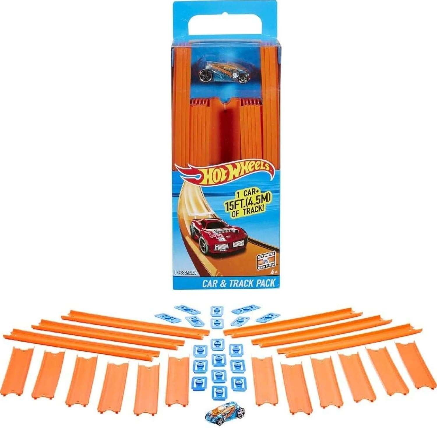 Hot Wheels - Juego de vías rectas para coches de juguete con 37 piezas de construcción y vehículo a escala 1:64