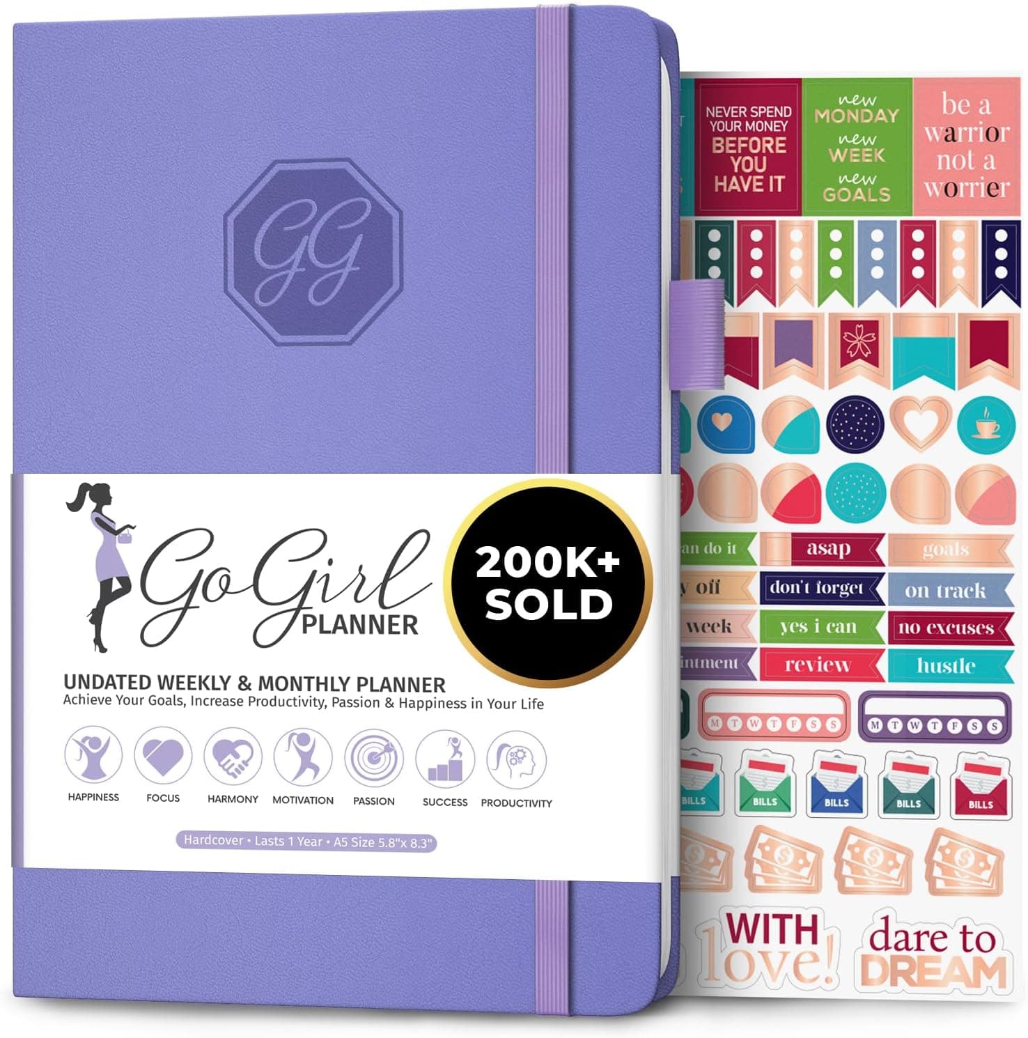 GoGirl Planner for Women, Undated Weekly Agenda Journal, Lavender | 5.8 x 8.3 in personal & work organizer, weekly, monthly & daily time management, life goal & productivity daily notebook