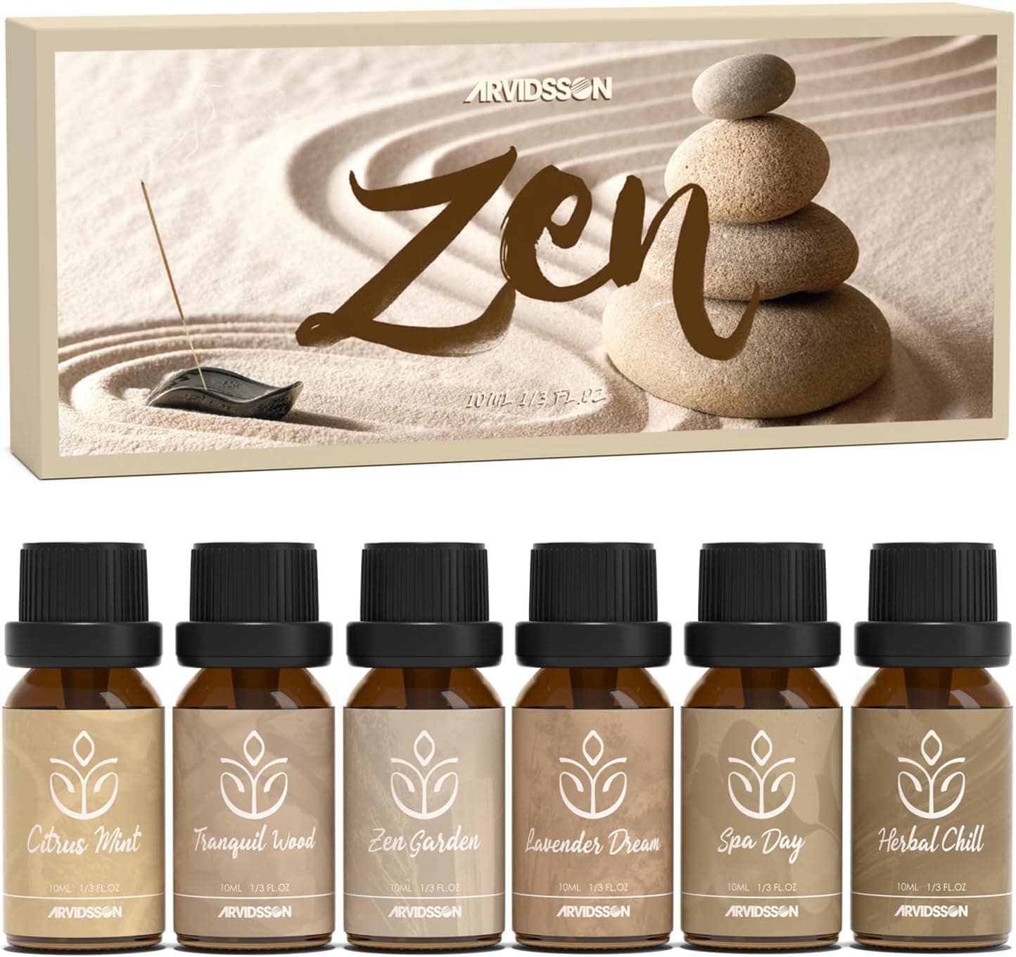 ARVIDSSON Juego de aceites esenciales Zen, aceite esencial Nautal Tranquil para difusores para el hogar, jardín zen, sueño de lavanda, spa sereno, menta cítrica, madera tranquila, frío de hierbas, regalo para mujeres