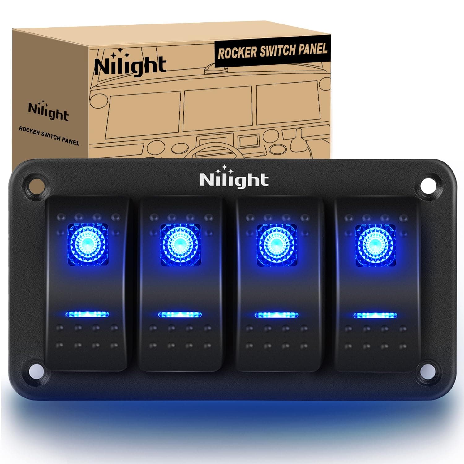 Nilight - 90109D Panel de interruptores basculantes de aluminio de 4 bandas Alternar tablero Interruptor basculante pre-cableado de 5 pines encendido/apagado Interruptor retroiluminado azul para vehículo recreativo marino de automóviles, 2 años de garantía