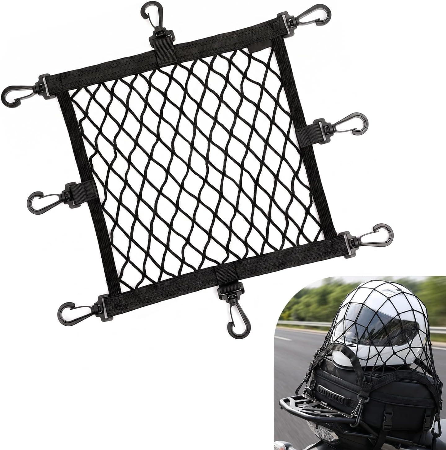 Red de carga elástica para equipaje de motocicleta, elástica, resistente, malla de almacenamiento para casco ajustable de 13,8 "× 13,8" con gancho, red de carga elástica universal para motos y vehículos todo terreno (negro)