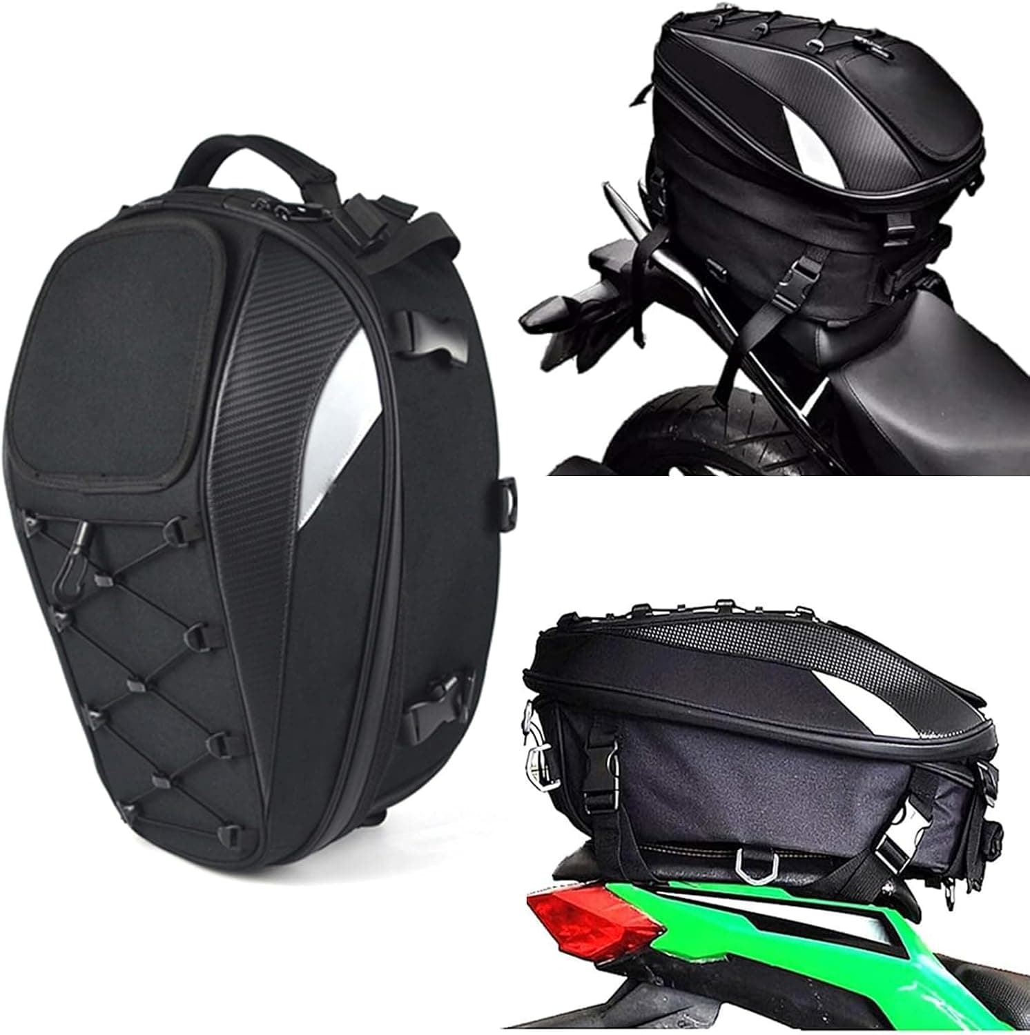 Bolsa trasera para motocicleta, Bolsa de asiento impermeable, Mochila de doble uso con red de carga | Bolsa para casco expandible con cubierta para lluvia y correa para el hombro, bolsa para sillín de almacenamiento multifuncional, paquete trasero para equipaje de motocicleta