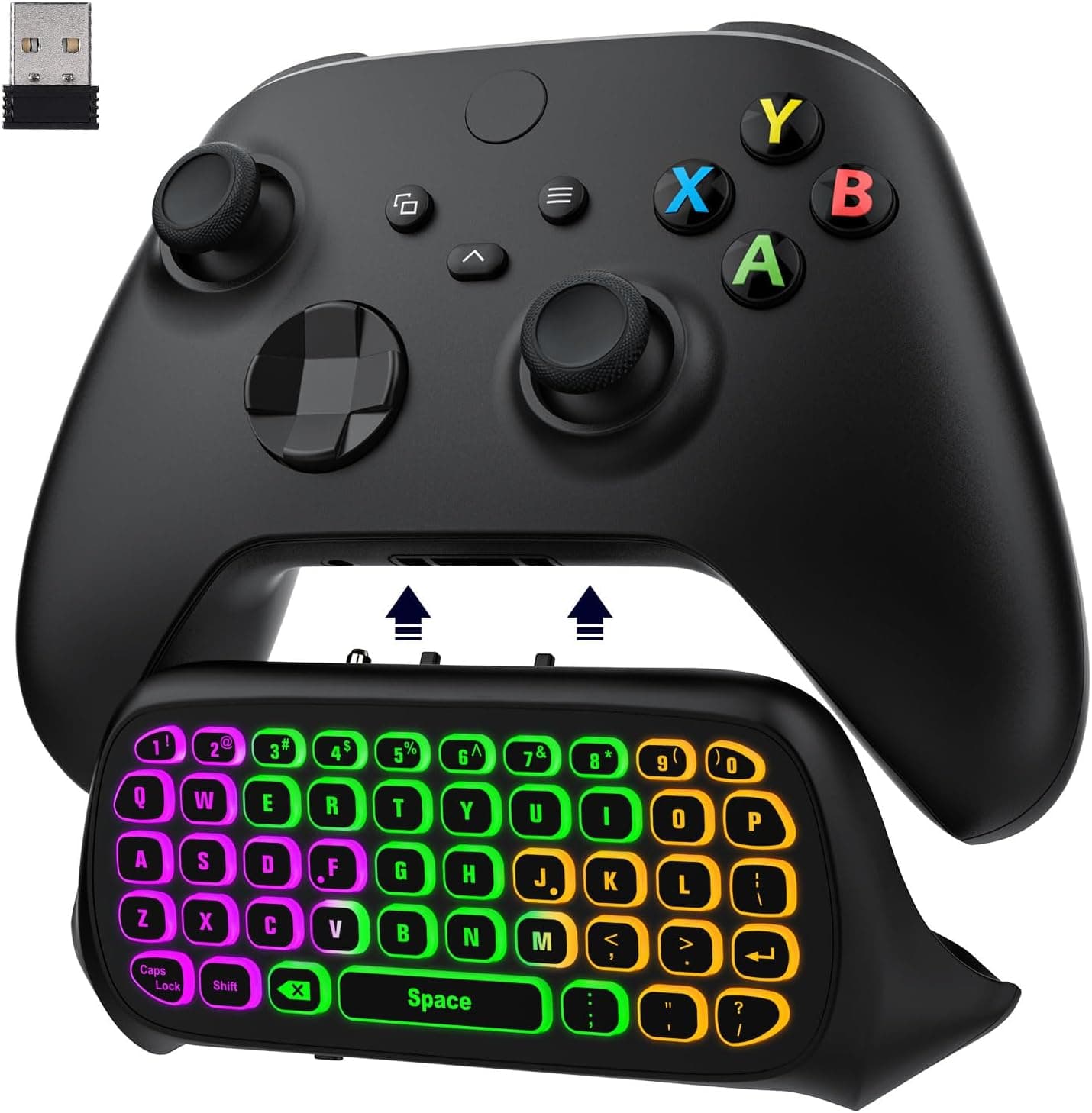 Teclado retroiluminado MoKo RGB para controlador Xbox One | Chatpad inalámbrico con auriculares y conector de audio, accesorios Xbox compatibles con Xbox One/One S/ Elite/2, Series X/S, receptor 2.4G incluido