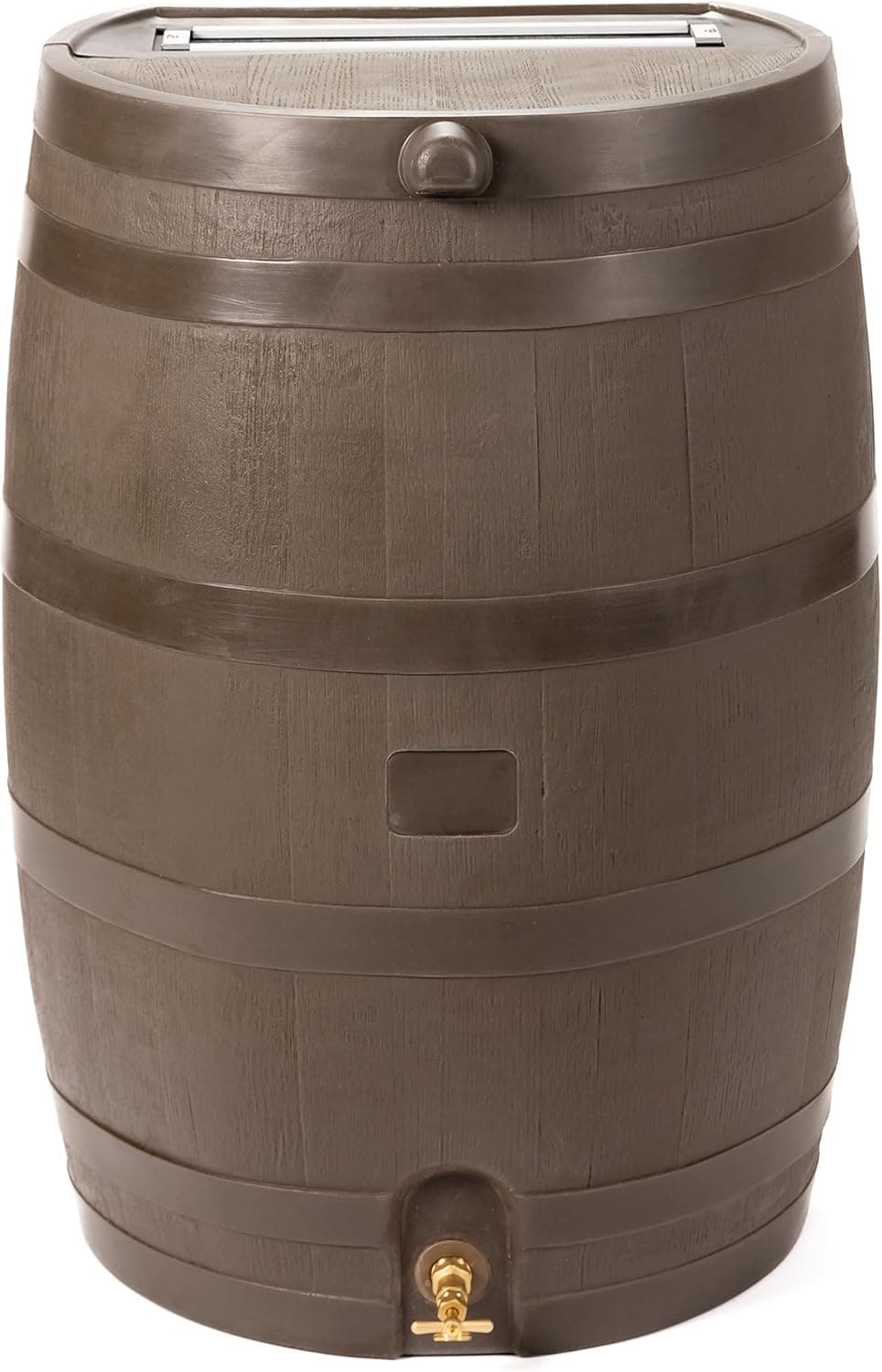 RTS Home Accents Barril de lluvia de 50 galones con espiga de latón, barril de recolección de agua de lluvia con parte trasera plana, color nogal