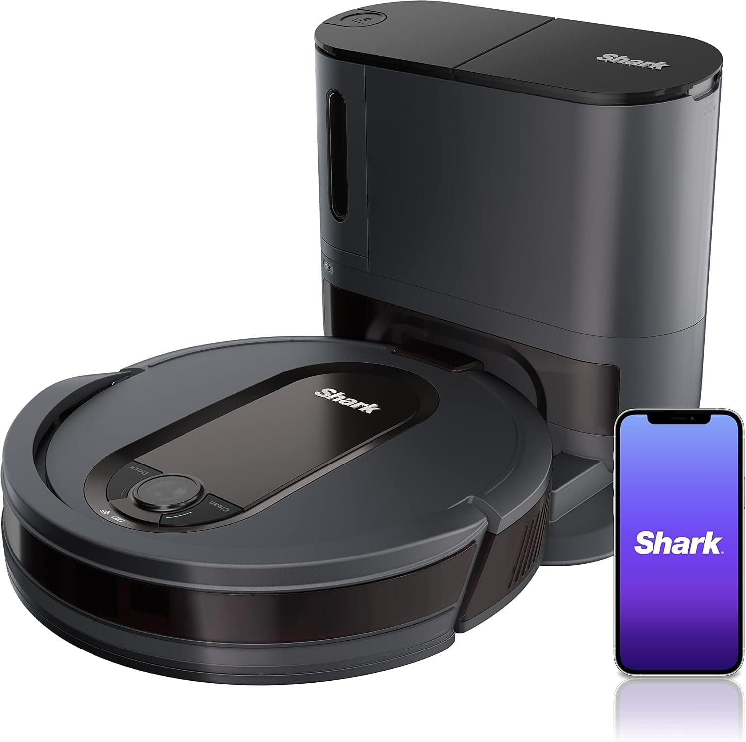 Robot aspirador Shark EZ, base autovaciable, gris oscuro, RV912S | Base autovaciable sin bolsa para 30 días, limpieza fila por fila, cepillo giratorio multisuperficie, recarga y reanudación, Wi-Fi, funciona con Alexa