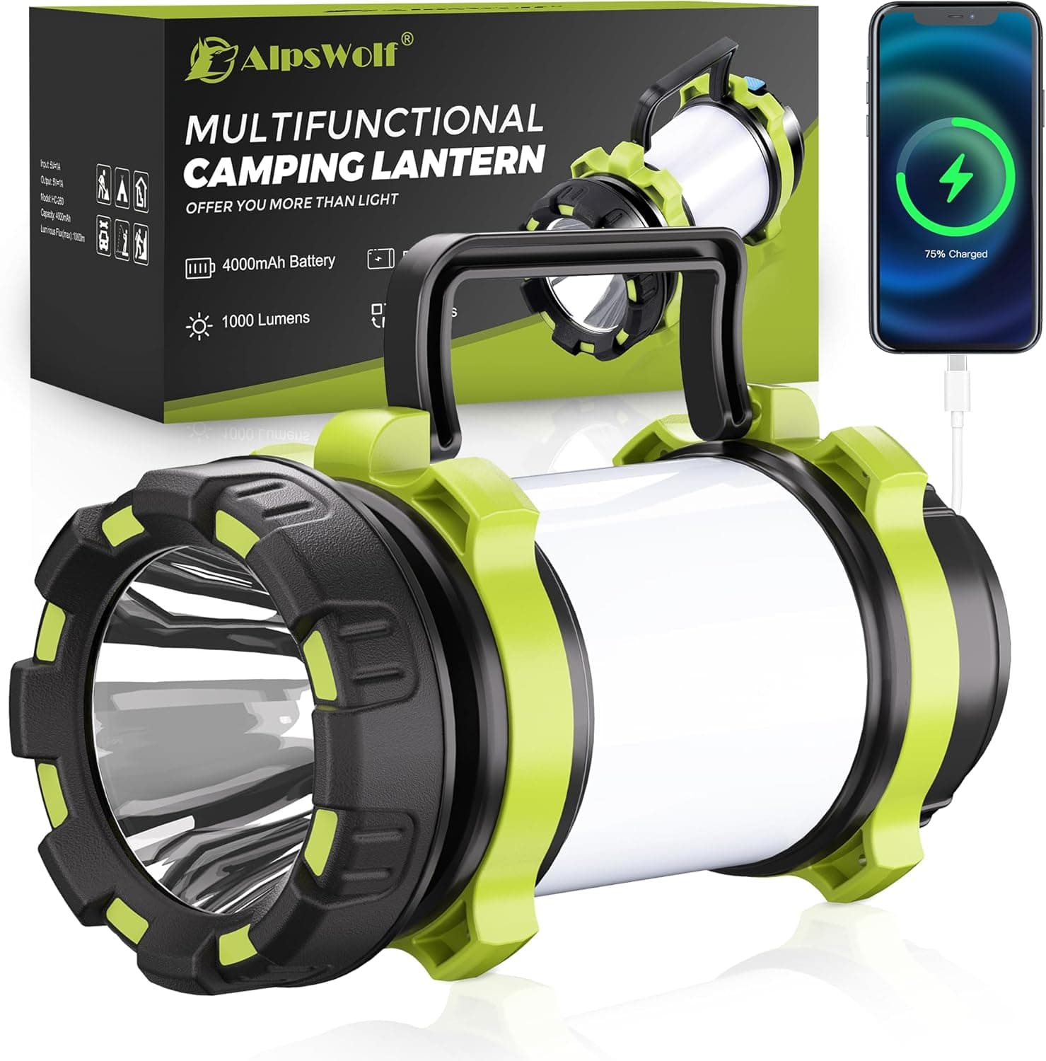 Linterna para acampar, linterna recargable y luz de emergencia | Linterna con batería de 1000LM y 6 modos, luz de campamento portátil de 4000mAh para caminatas al aire libre, huracanes y cortes de energía