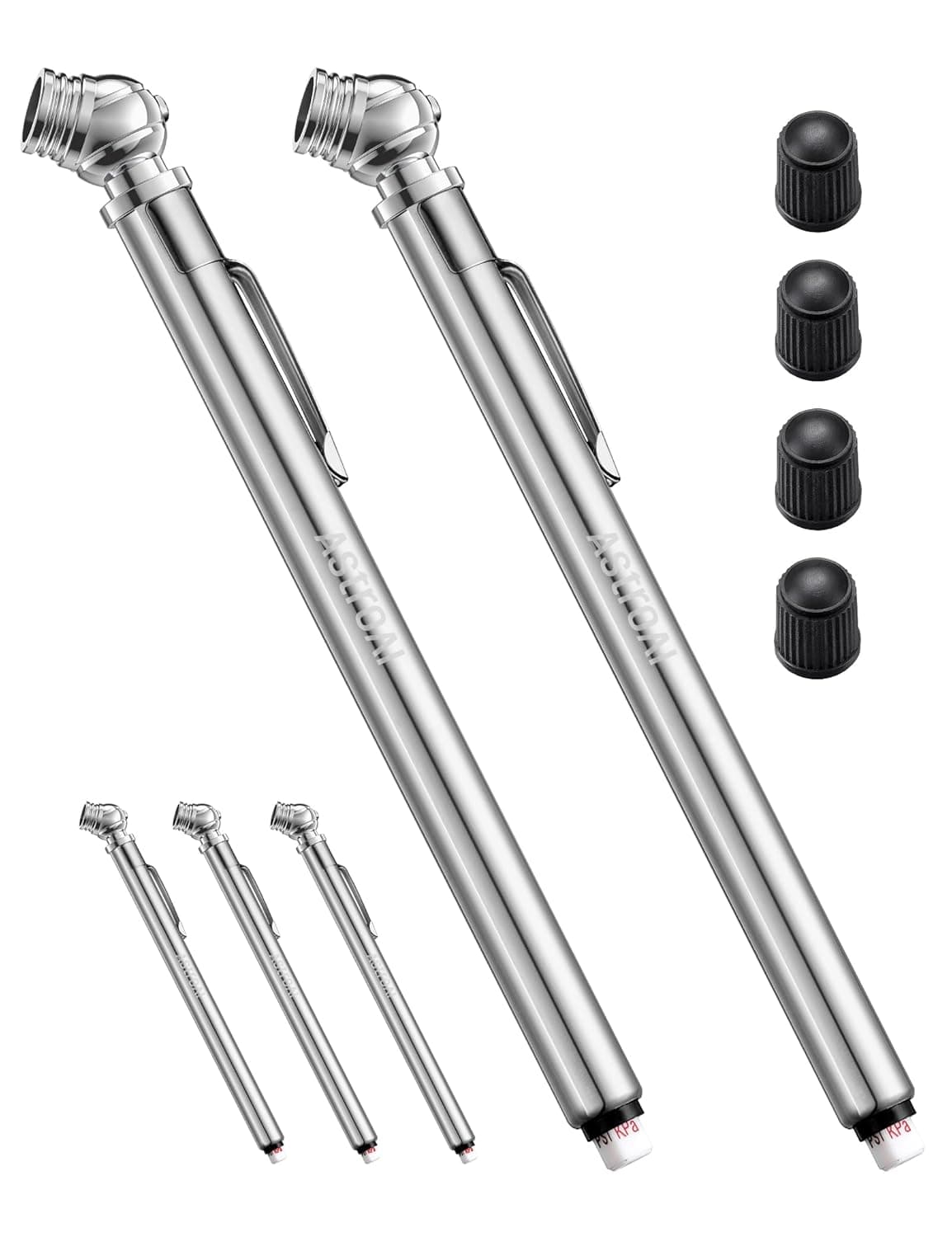 AstroAI Pencil Tire Pressure Gauge, 2 Pack 10-75 PSI Stainless Steel Body | ANSI B40.1 Grade B Certified Accurate, 6-Piece Car Accessories Set, 3 Measurements for Cars, Pickups, Bicycles