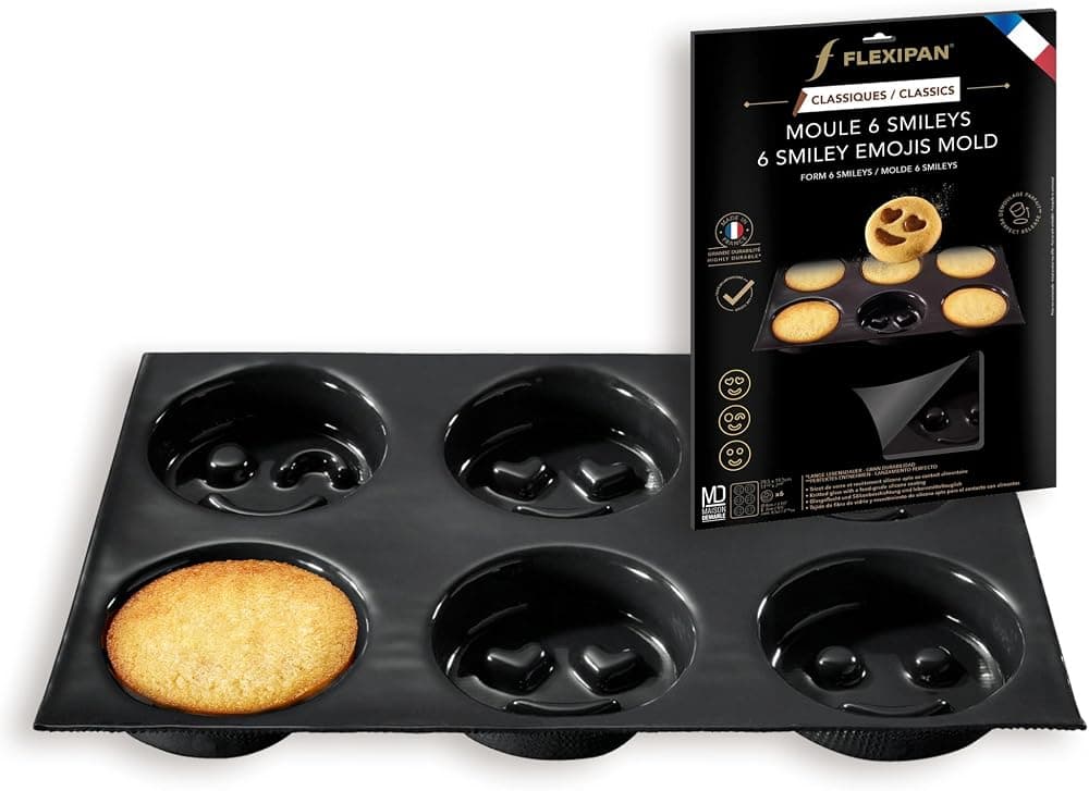 Flexipan by Silpat® Molde para hornear antiadherente original n.° 1, hecho a mano en Francia desde 1965 - Con la confianza de chefs de clase mundial - Tecnología Flexipan® certificada como segura para los alimentos (molde de 6 emojis sonrientes)