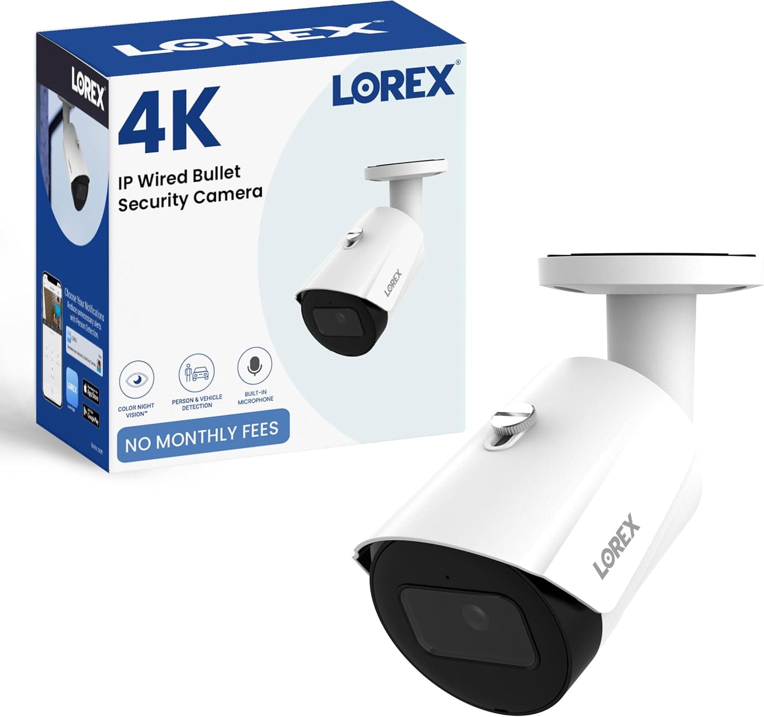 Lorex Classic App | 4K IP Add-On Bullet Camera | Listen-in Audio | White | Color Night Vision | Built-In Microphone | Smart Motion Detection | IP67