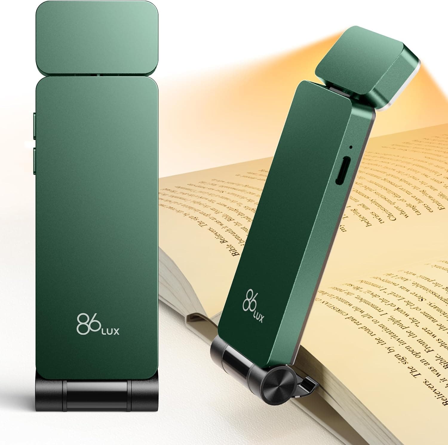 Luz para libros 86lux, luces de lectura recargables para libros en la cama | Lámpara LED ultraligera con clip para marcapáginas con 3 colores ámbar y atenuación continua para lectura nocturna para amantes de los libros, verde cazador