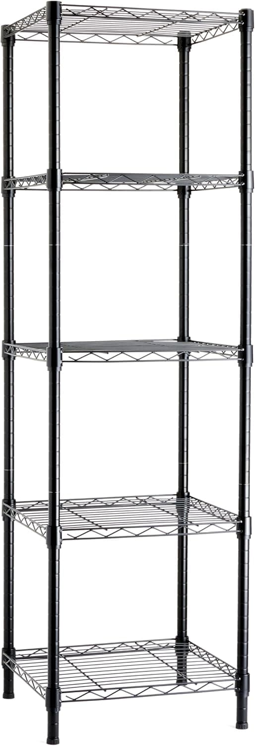 Amazon Basics Estantería de almacenamiento ajustable en forma de torre de 5 estantes para garaje, acero resistente al óxido, 150 libras por estante, 16 pulgadas de ancho x 16 pulgadas de profundidad x 54 pulgadas de alto, negro