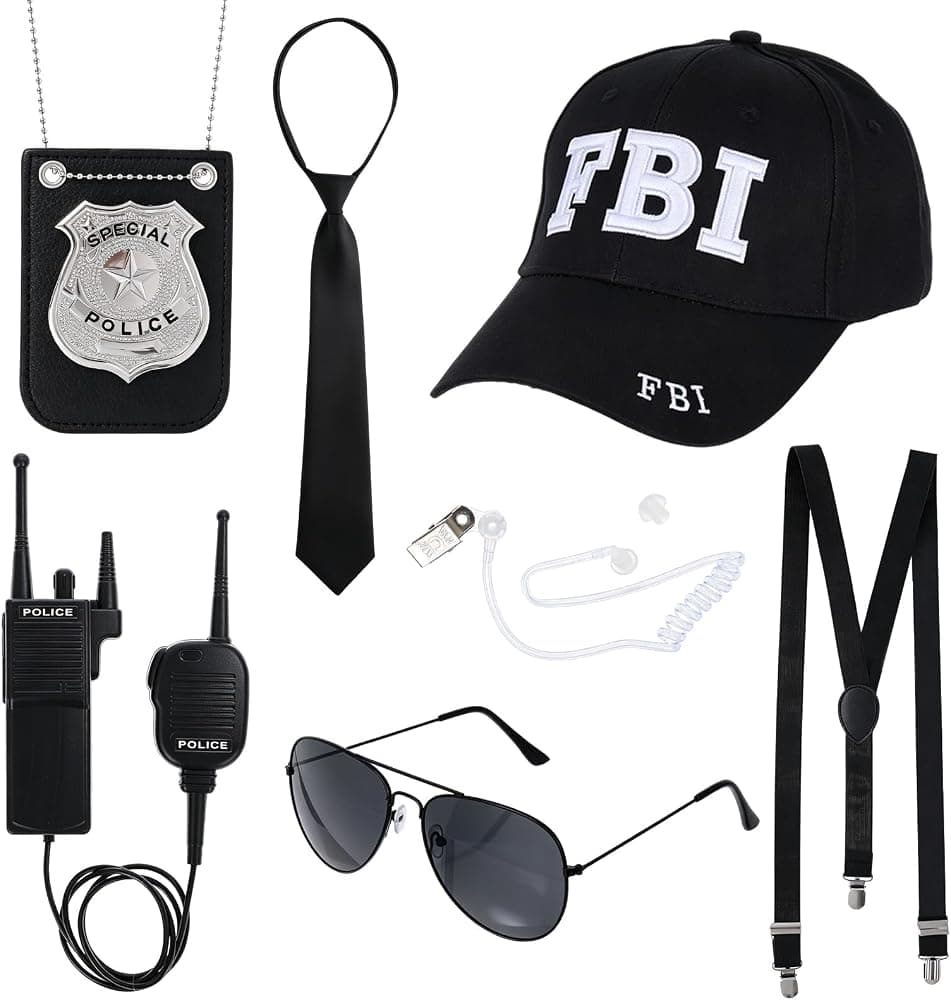Juego de accesorios para disfraz de policía del FBI, kit de juego de rol de detective de policía del servicio secreto con gorra de béisbol ajustable, insignia, gafas de sol, corbata, auricular para disfraces de Halloween, fiesta de cosplay para adultos