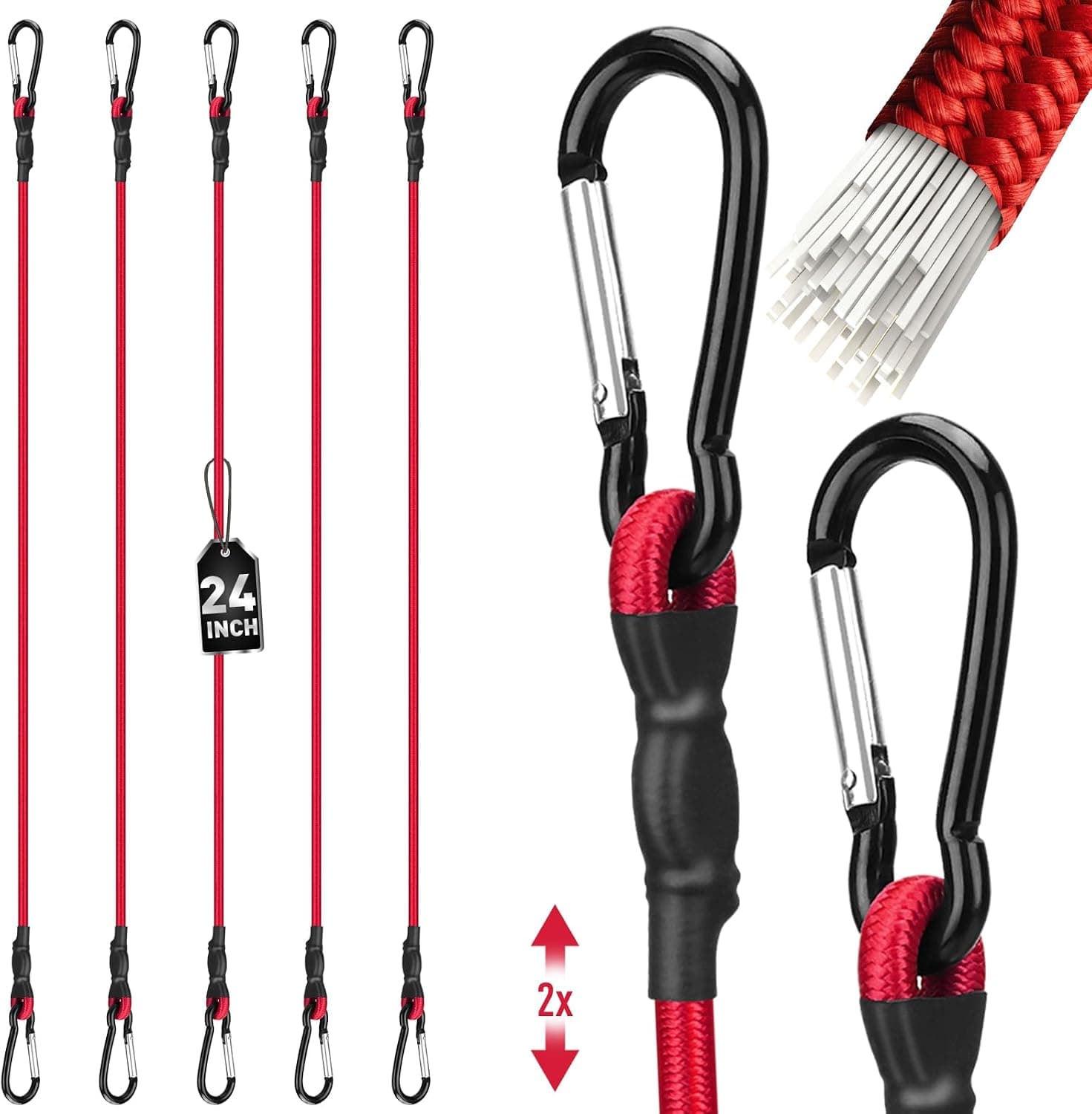 5-Piece 24 Inch Bungee Cords with Carabiner Hooks, Heavy Duty Rubber Elastic Tie Down Straps, Bungee Cord with Carabiner Clips for Cargo, Truck Bed, Camping, Motorcycle and Outdoor Use (Red)