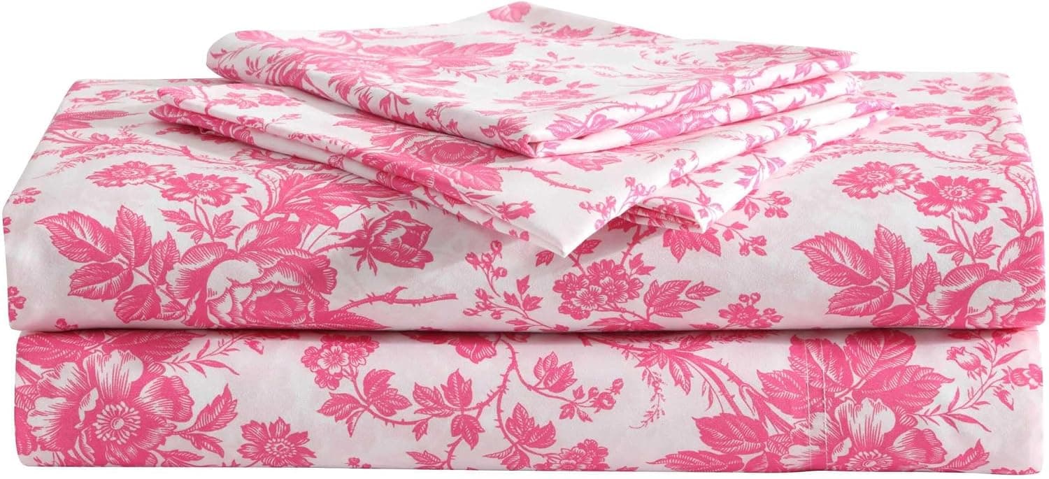 Betsey Johnson - Twin Sheet Set with Fitted Sheet & Pillowcase, Fade & Wrinkle-Free Bedding, Deep Pocket, Dorm Room Essentials, Betsey's Toile Pink