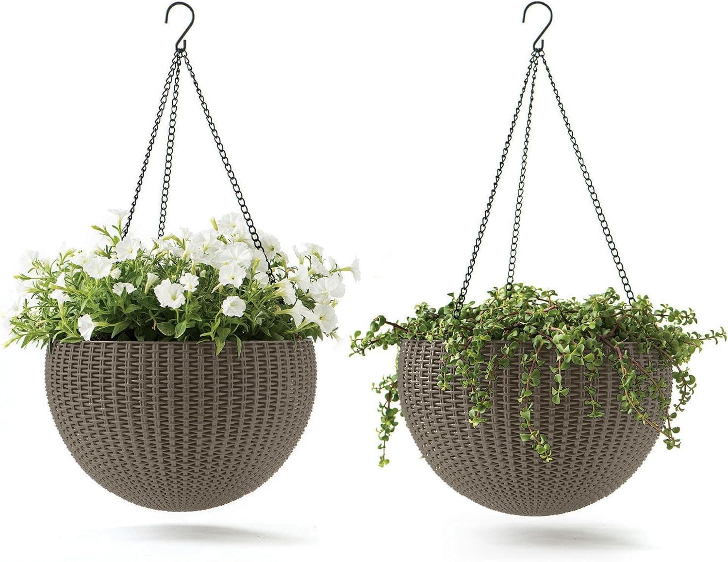 Keter - Juego de 2 cestas redondas de ratán de resina para colgar plantas de interior y exterior, perfectas para decoración de porches y patios, capuchino