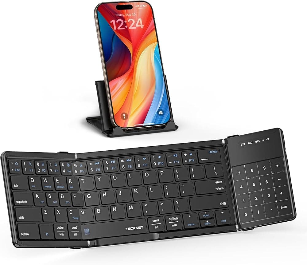 TECKNET Teclado Bluetooth plegable con panel táctil y teclado numérico | Conecte hasta 3 dispositivos, teclado portátil recargable USB-C para computadora portátil, para computadora portátil, iPad, teléfono, iOS, macOS, Android (negro)