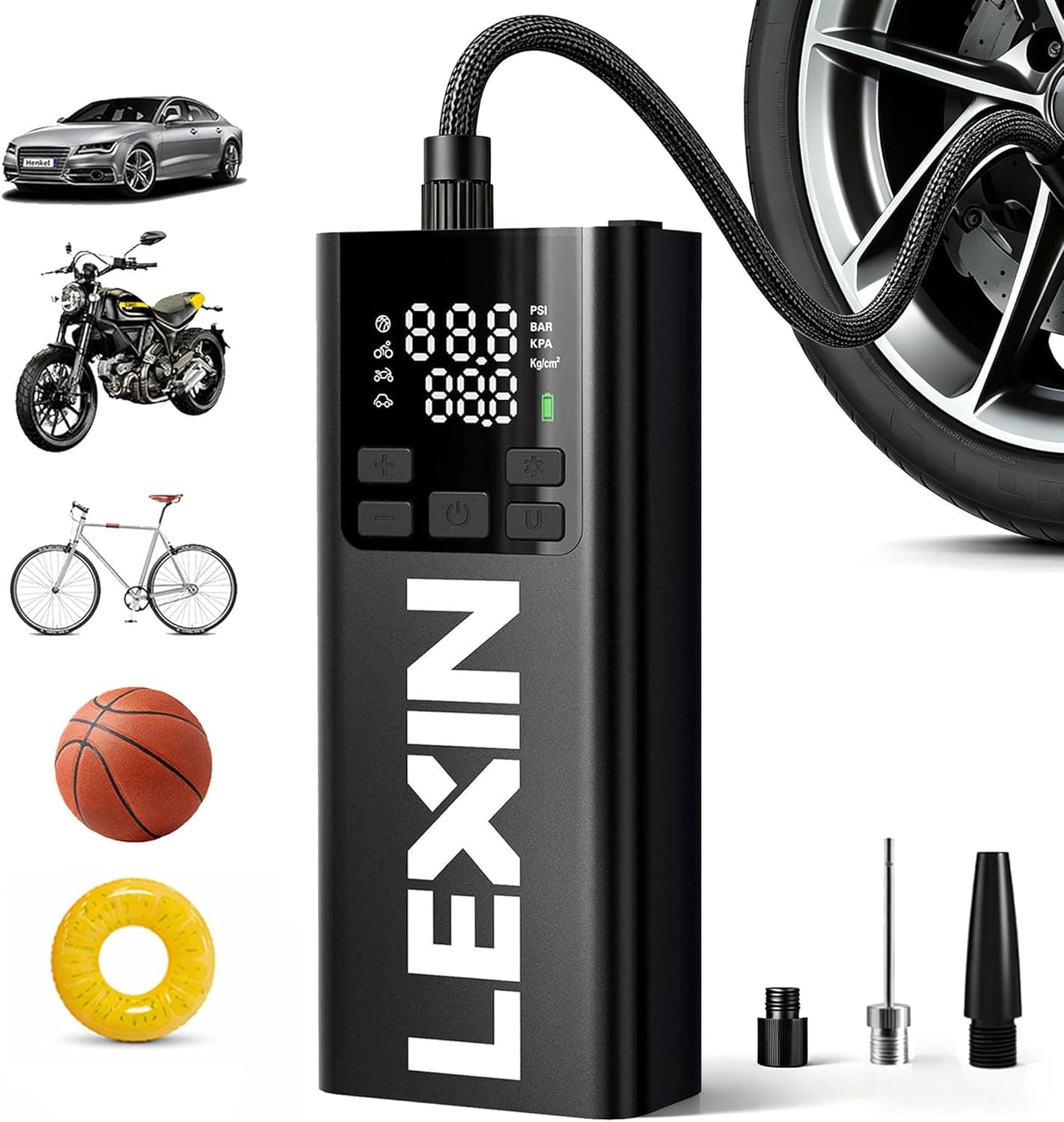 Inflador de neumáticos portátil LEXIN P5, bomba de aire de 150 PSI para coche, motocicleta, bicicleta | Compresor de aire recargable de 5000 mAh, inflado rápido, manómetro digital, apagado automático y 5 modos inteligentes, aleación de aluminio