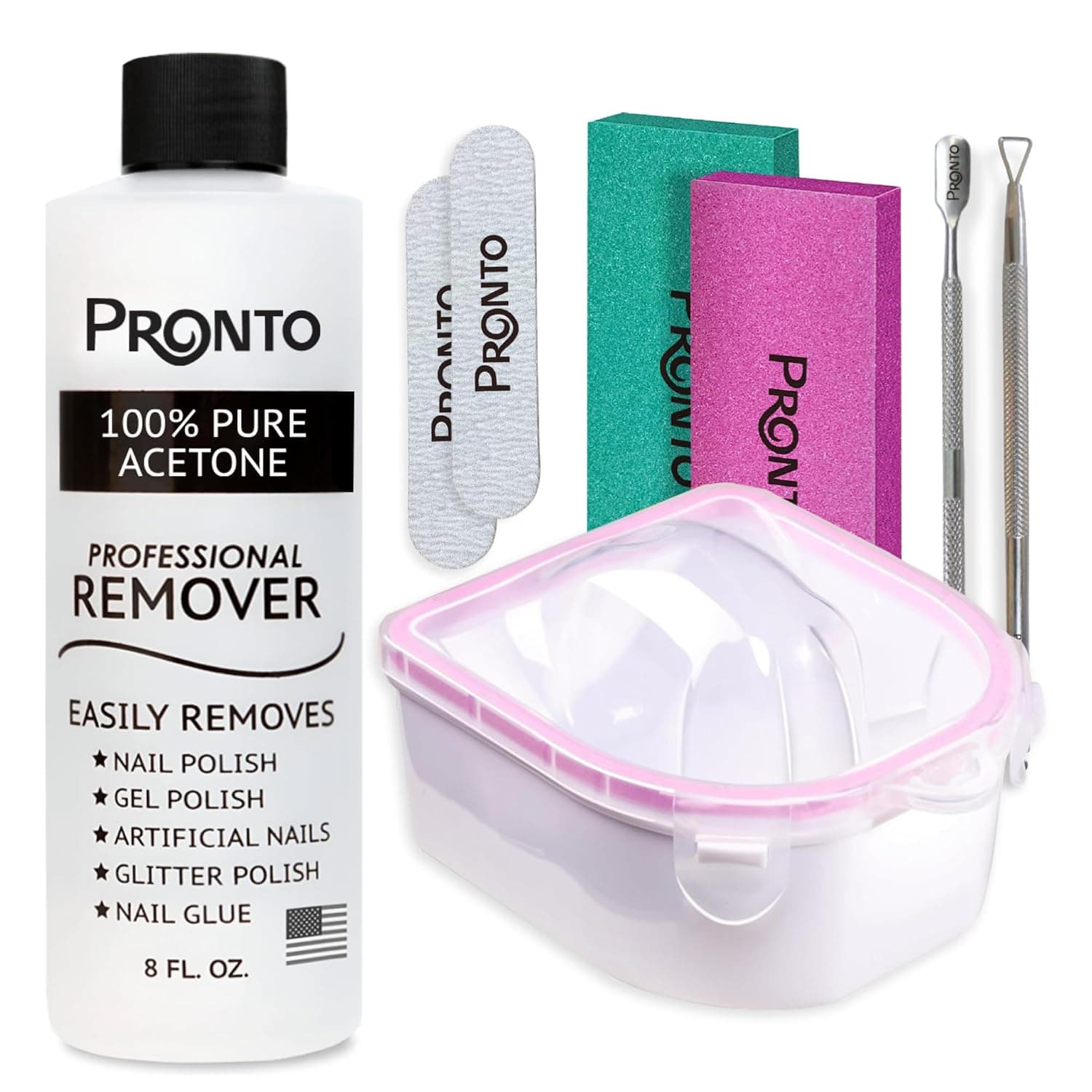 Pronto Kit de removedor de esmalte de uñas de gel – 8 oz de acetona pura 100 por ciento, lima de uñas y esmalte de uñas para el cuidado de las uñas + juego de manicura con bloque pulidor de uñas, empujador de cutículas y raspador de uñas