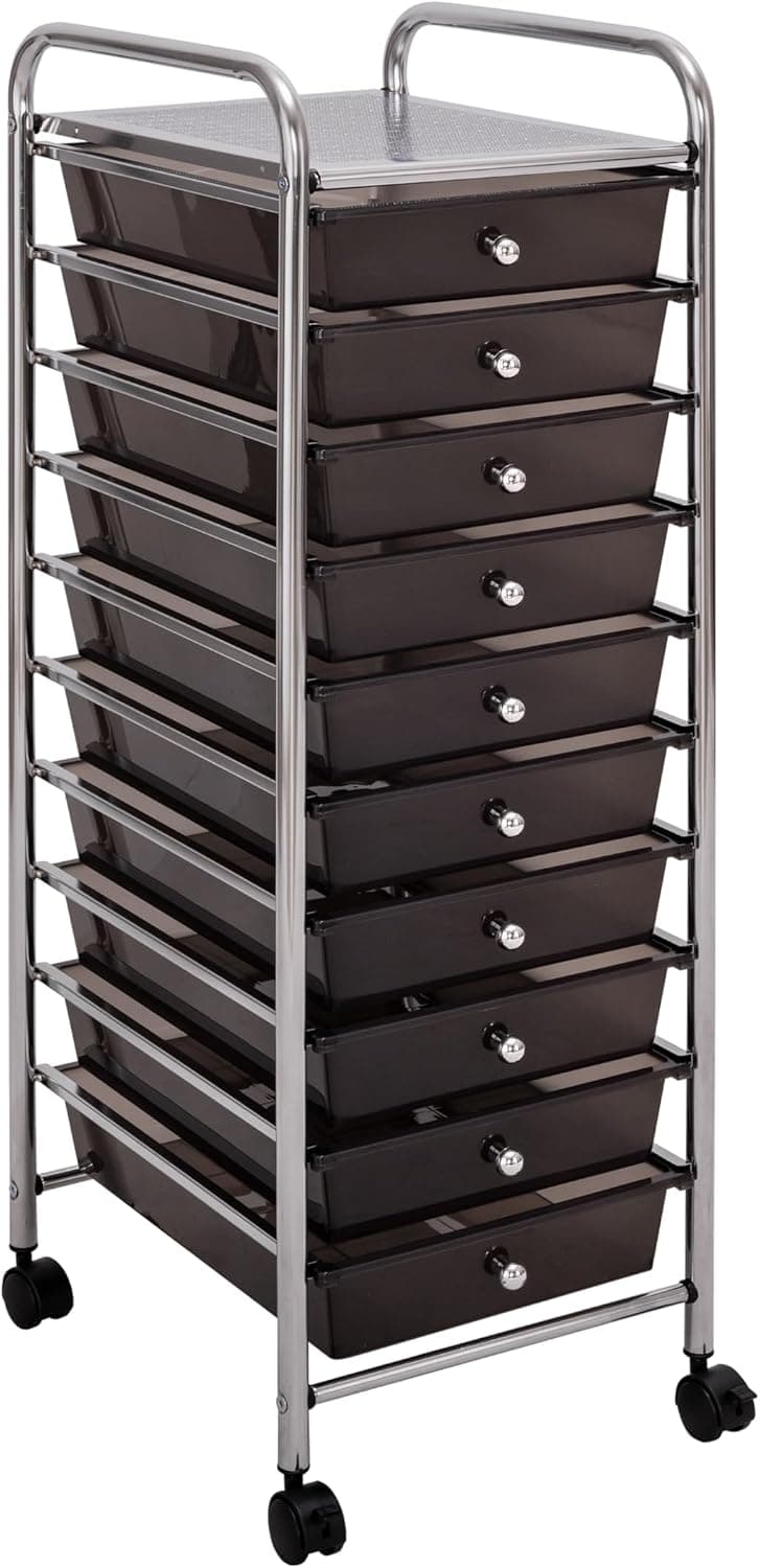 Seville Classics Rolling Utility Organizer Storage Cart, for Home Office, School, Classroom, Scrapbook, Hobby, Craft, 10 Drawer, Black