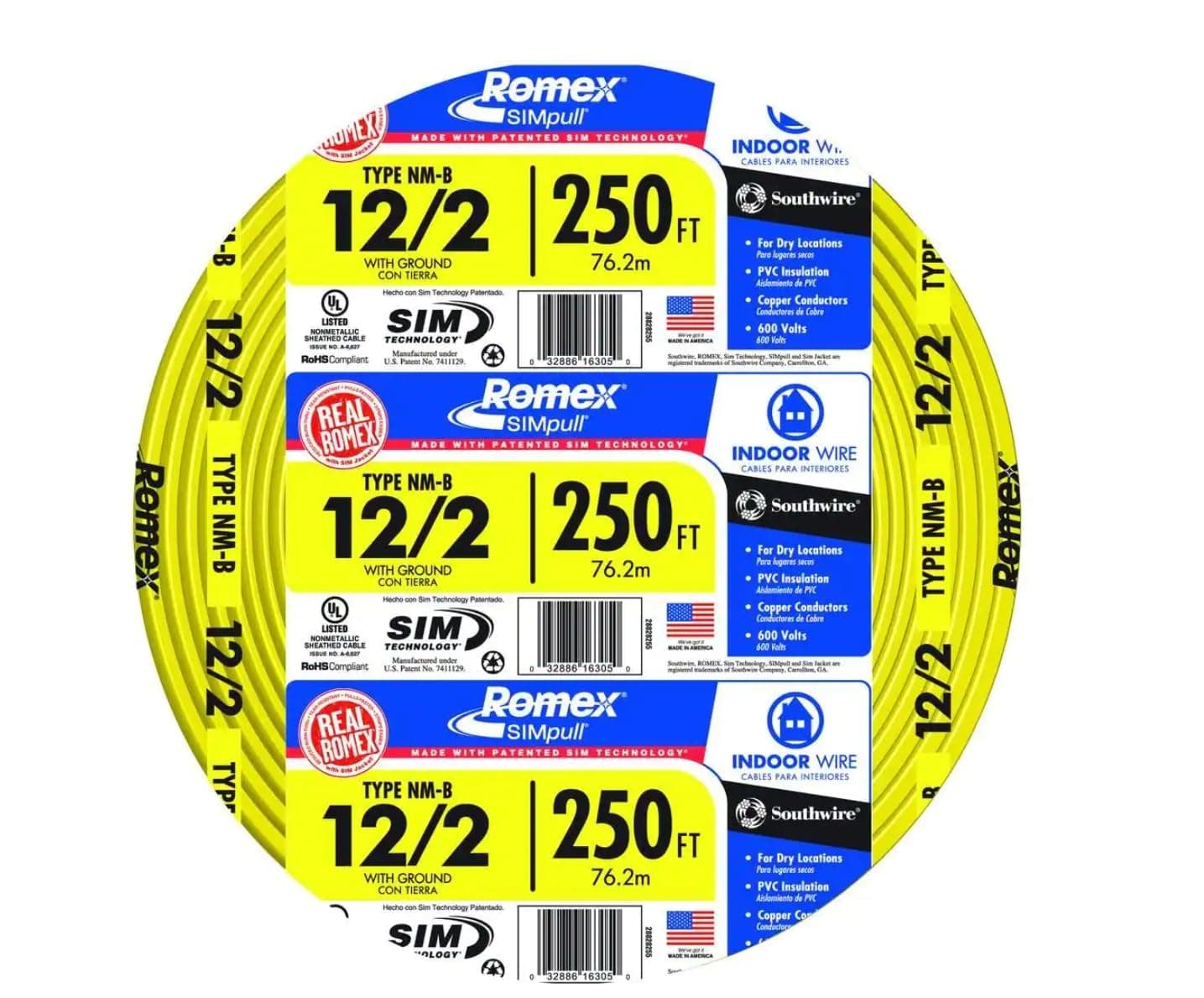 Southwire 28828255 250' 12-2 NM-B Wire, 12 AWG, Yellow