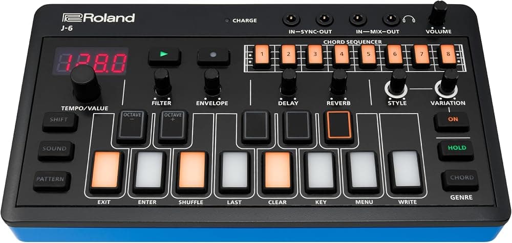 SINTETIZADOR DE ACORDES Roland AIRA Compact J-6 | Máquina portátil de creación de canciones con sonido y funciones profesionales de Roland | Motor de sintetizador y ajustes preestablecidos JUNO-60 | Secuenciador de acordes | Efectos | Máquina portátil de creación de canciones con sonido y funciones profesionales de Roland, motor de sintetizador y preajustes JUNO-60, secuenciador de acordes