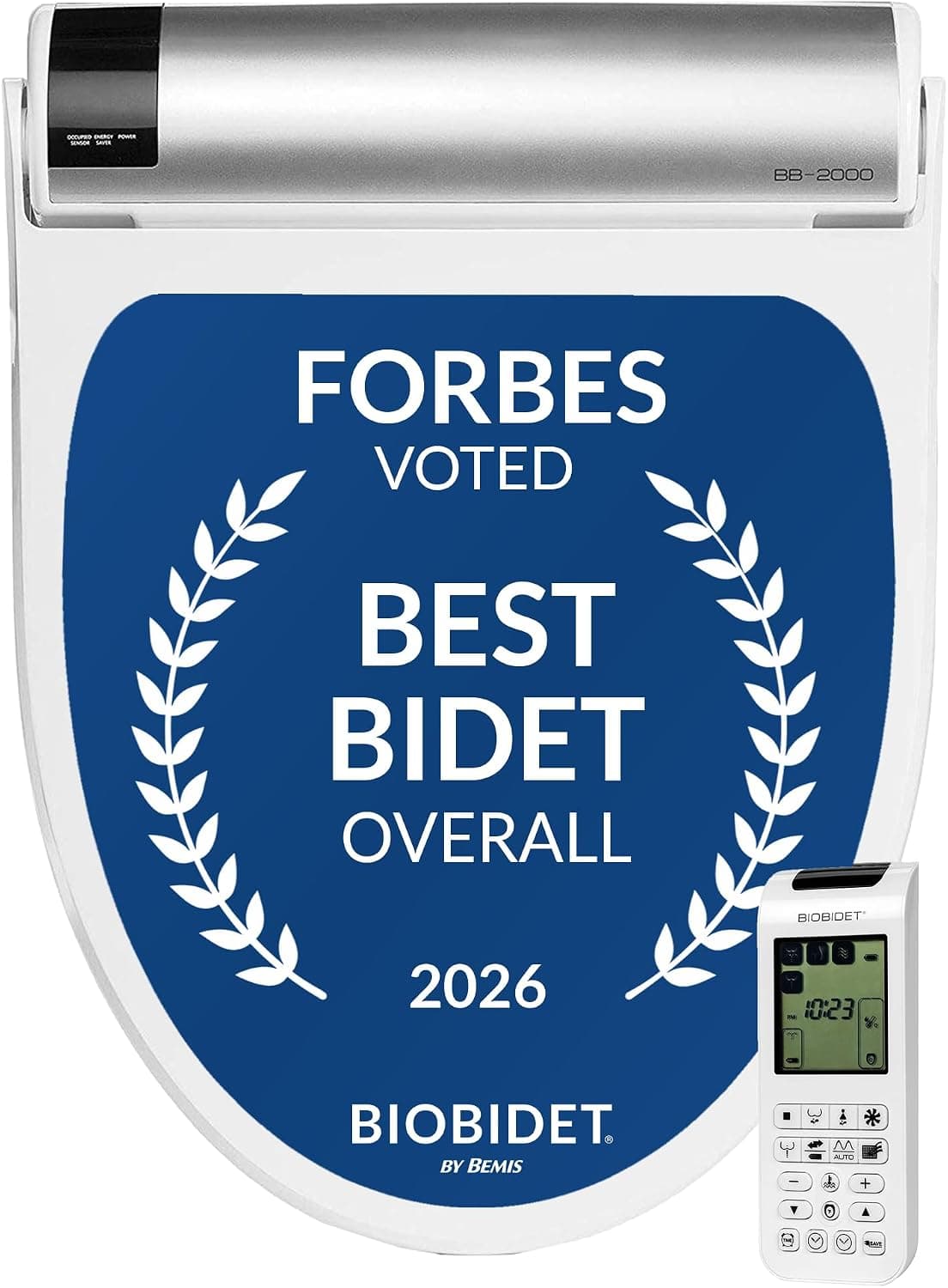 Bio Bidet BB2000 Bliss Asiento de Inodoro para Bidé Eléctrico, Agua Caliente con Secador de Aire, Asiento Calefactable con Sensor y Tapa de Cierre Lento, Luz Nocturna, Mando a Distancia, Alargado, Blanco