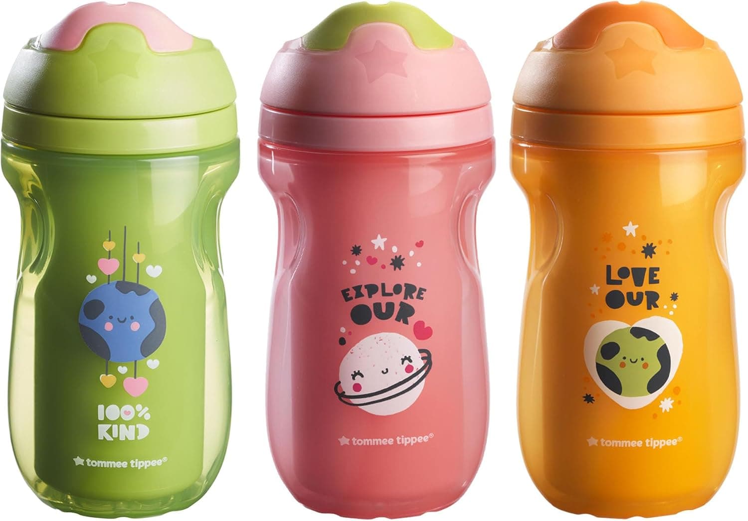 Tommee Tippee Botella de agua aislada Superstar de 9 oz para niños pequeños, vasitos sin derrames para niños pequeños de 1 a 3 años, válvula de dos piezas que ayuda a detener derrames, sin BPA, rosa, verde y naranja, paquete de 3 | Paquete de 3, 9 oz, aislado, válvula de dos piezas que ayuda a detener derrames, rosa, verde y naranja, sin BPA