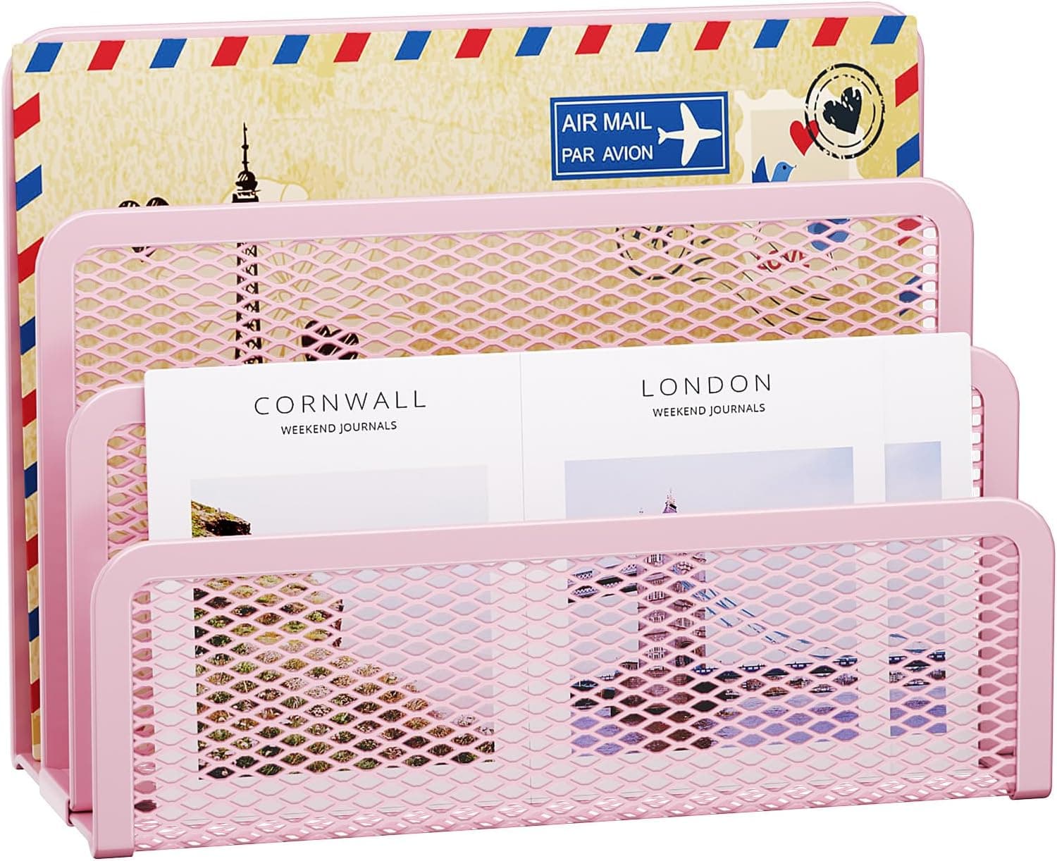 Marbrasse Organizador de correo para escritorio, soporte de correo de malla de metal de 3 ranuras, soporte para cartas, sobre de escritorio de oficina y estante de almacenamiento de documentos (rosa)