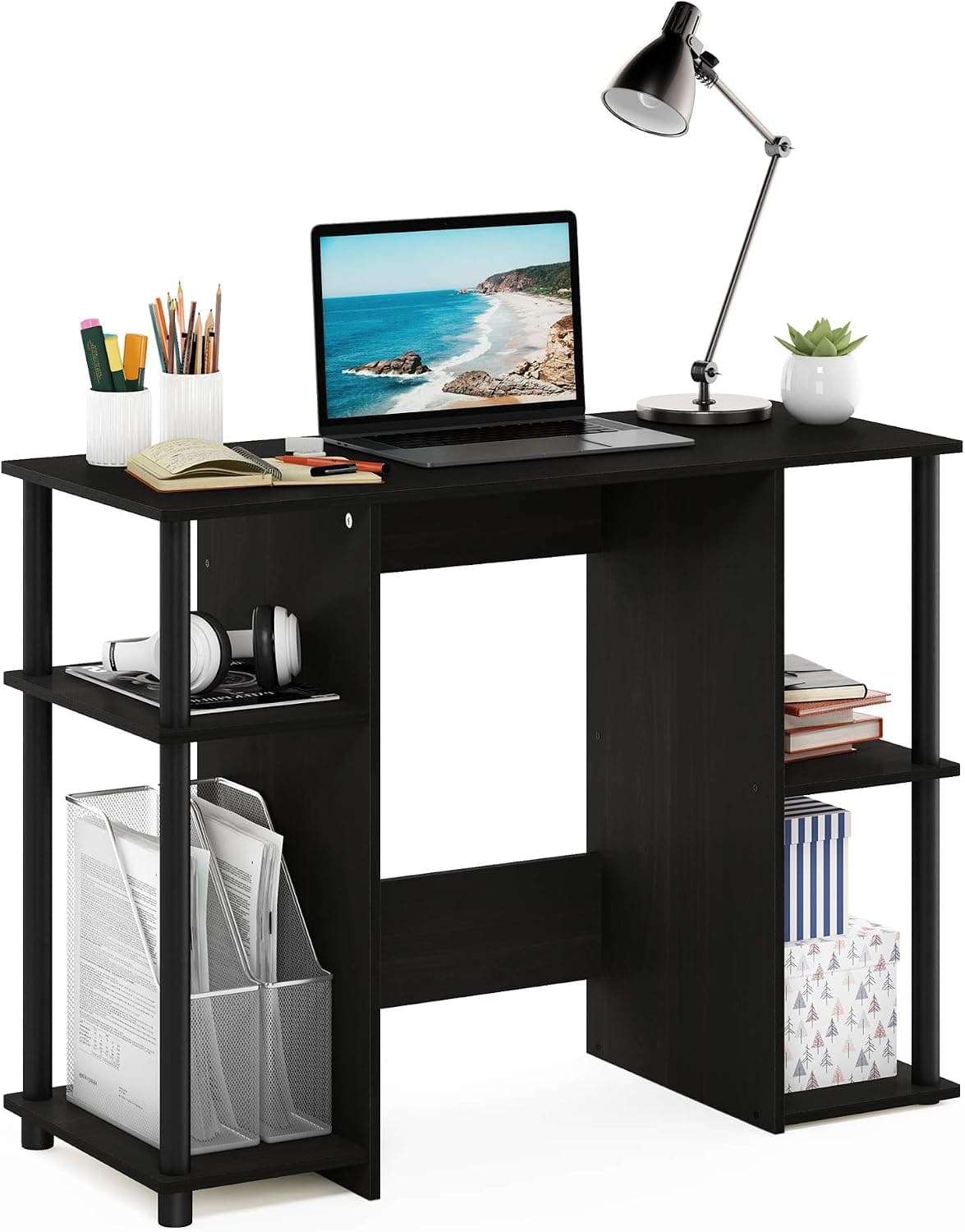 Furinno Escritorio JAYA, escritorio para juegos de 38,4 pulgadas de ancho, escritorio de estudio para computadora, escritorio de oficina con estantes laterales, almacenamiento abierto, para oficina en casa, dormitorio, sala de estudio, espresso