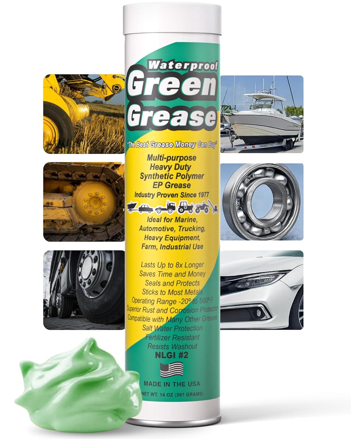 Tubo de grasa verde ultra resistente de 14 oz para pistola engrasadora – Fabricado en Estados Unidos (1 paquete) | Grasa impermeable de grado marino - Litio NLGI 2, grasa para rodamientos de ruedas de alta temperatura para uso agrícola, doméstico e industrial - Fabricada en EE. UU.