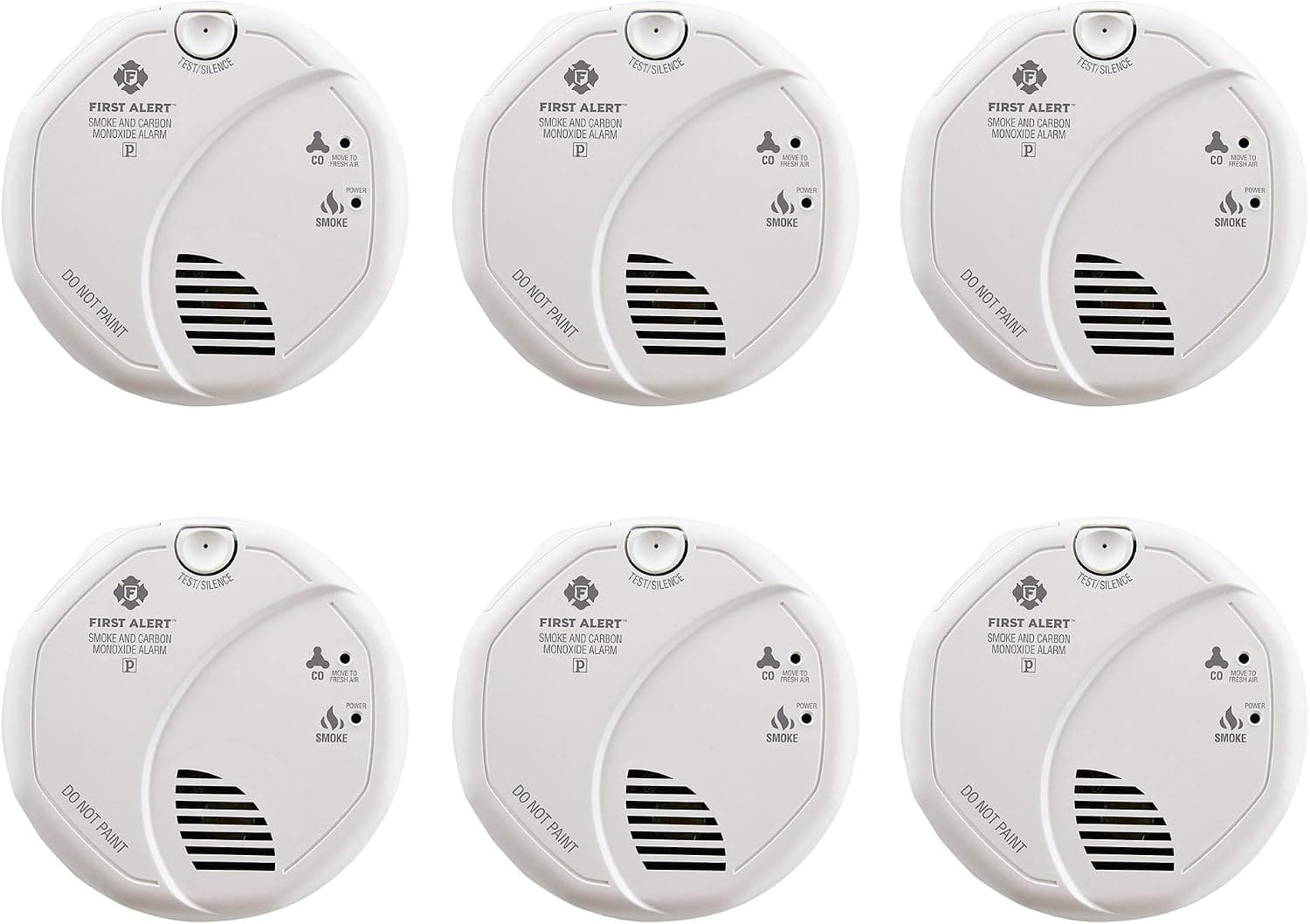 First Alert BRK SC7010B-6 Detector de humo y monóxido de carbono (CO) cableado con batería de respaldo, paquete de 6, blanco