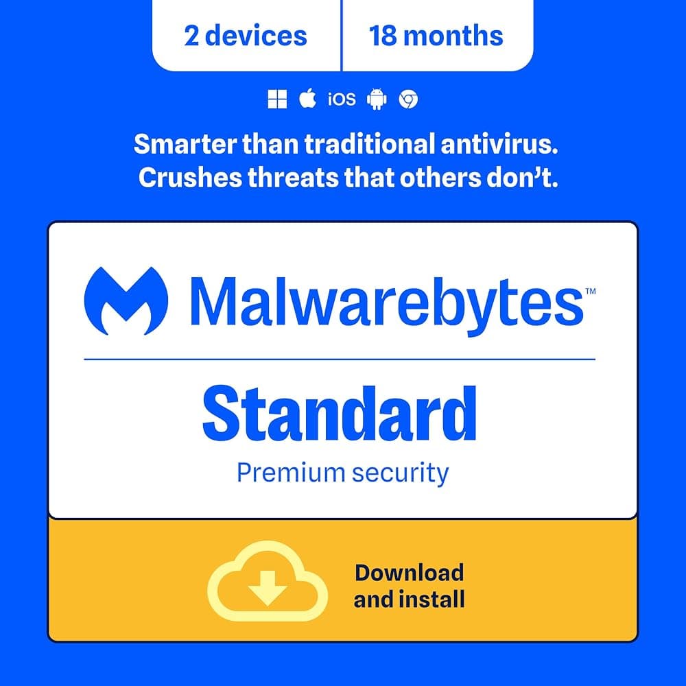 Malwarebytes Estándar, Seguridad Premium| Exclusivo de Amazon | 18 meses, 2 dispositivos | Windows, Mac OS, Android, Apple iOS, Chrome [Código en línea]